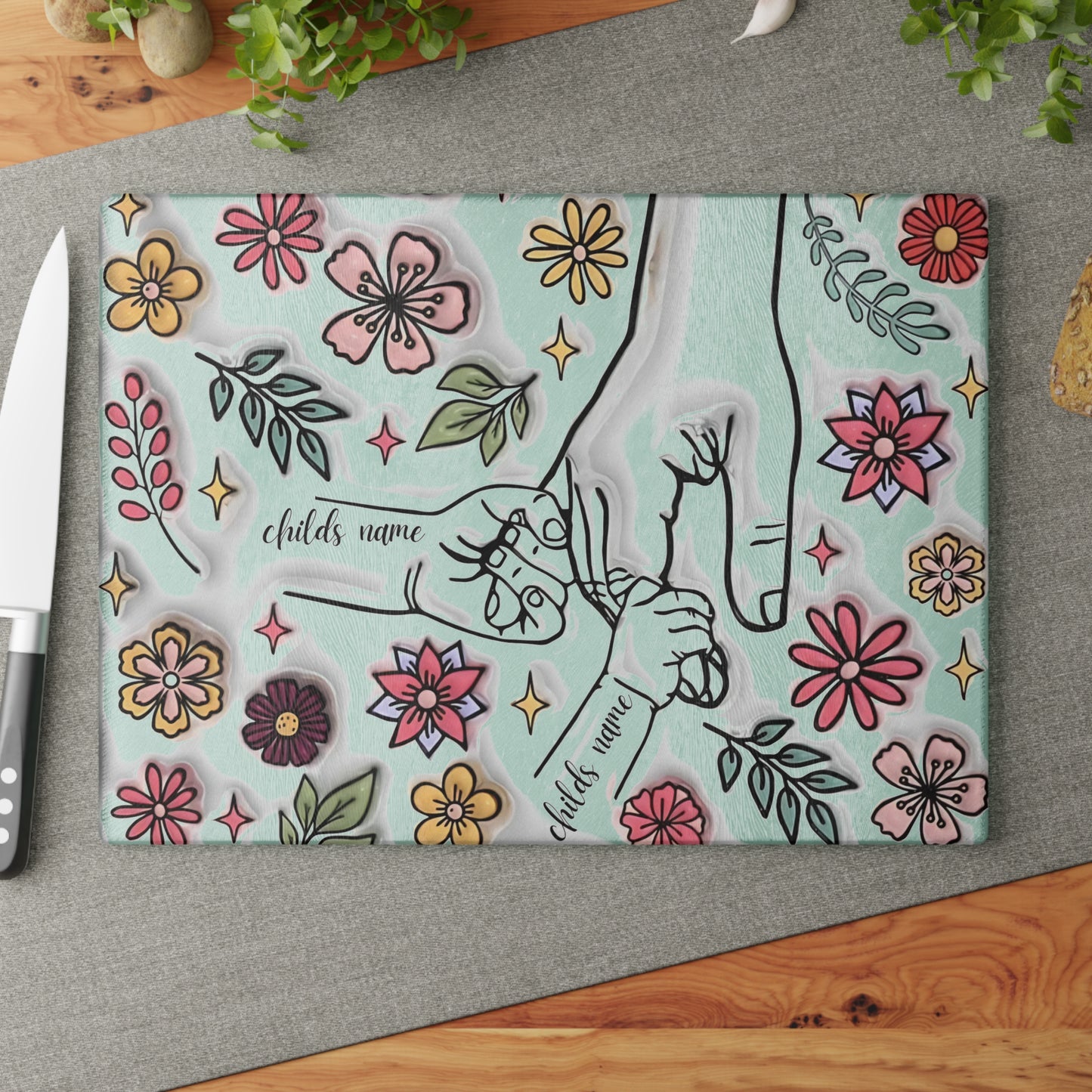 Tabla de cortar de vidrio templado personalizada con las manos de la madre | Arte floral 3D | Nombres personalizados para niños | Regalo para el Día de la Madre