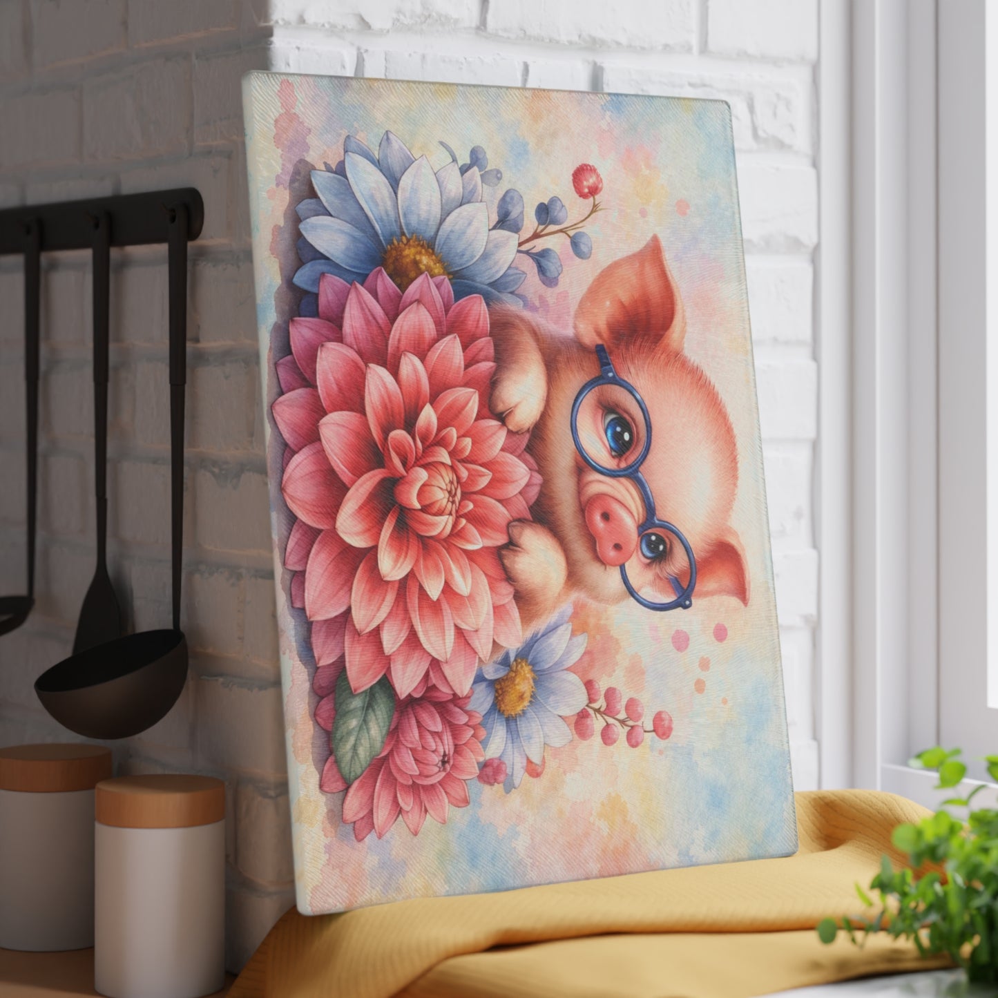 Smart Piglet with Flowers Glass Cutting Board – Farmhouse Kitchen Decor