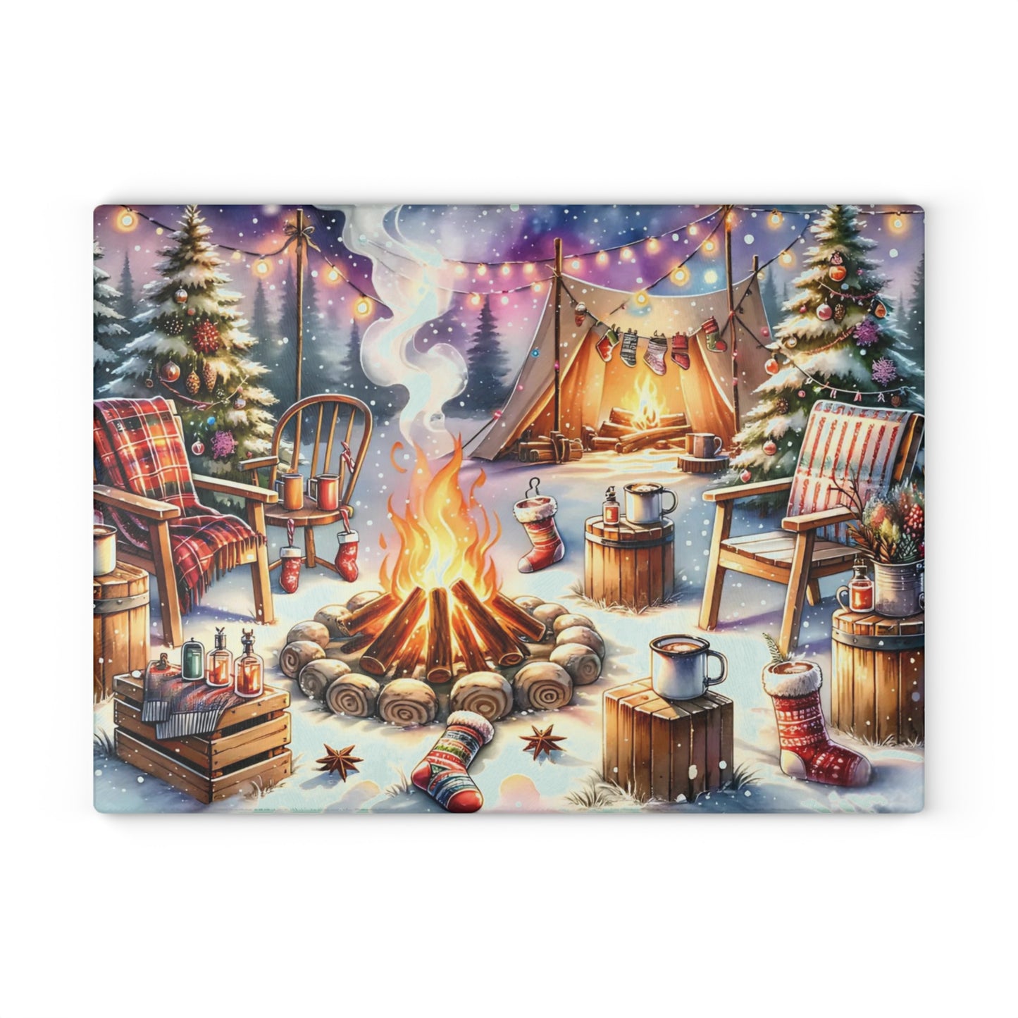 🔥🏕️ “Cozy Campfire Christmas” Glass Cutting Board – Winter Charm for Your Kitchen