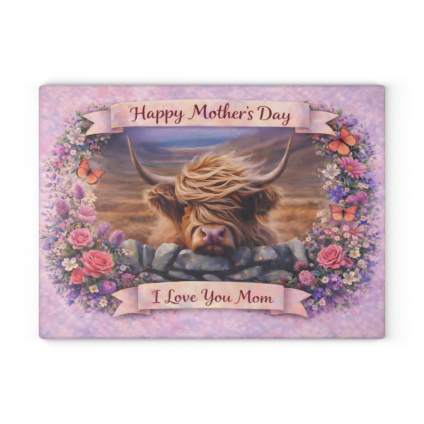 Mother’s Day Highland Cow Floral Glass Cutting Board – Soft Country Artwork with Butterflies