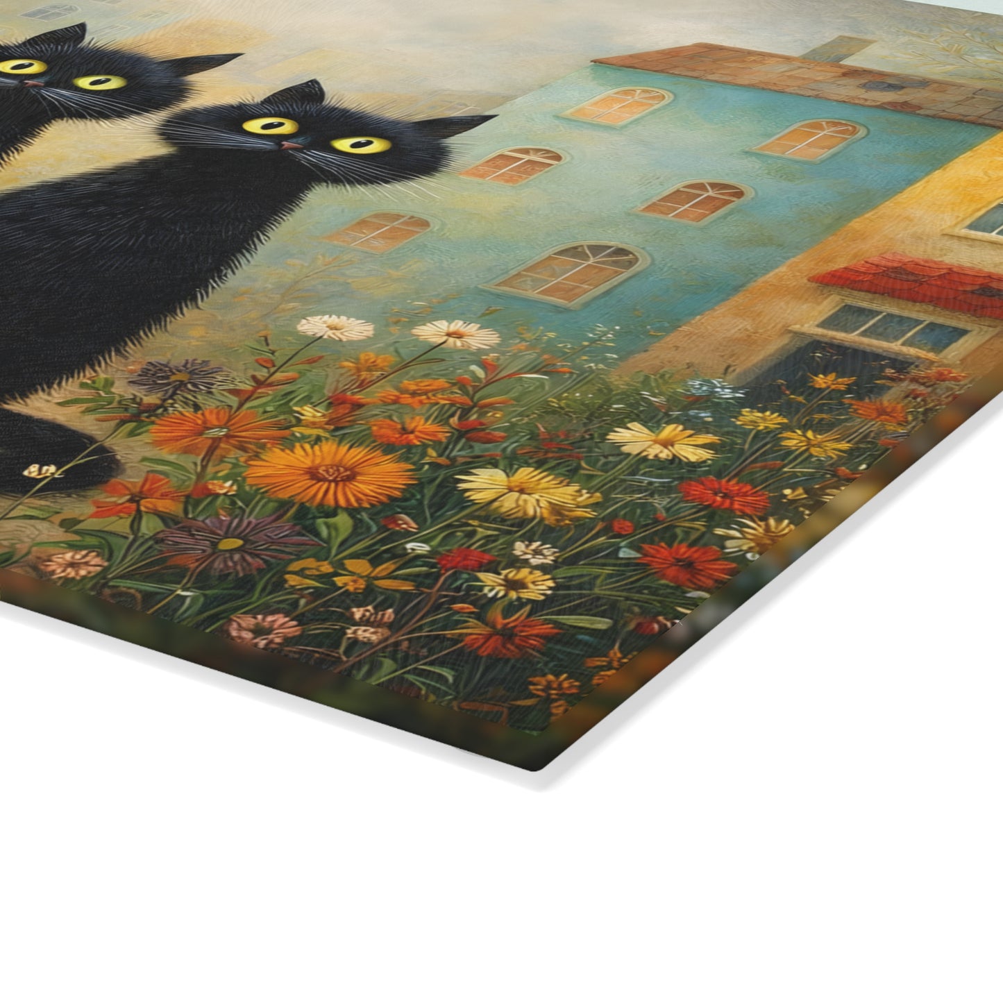 Whimsical Black Cats Village Scene Glass Cutting Board – Storybook Kitchen Art