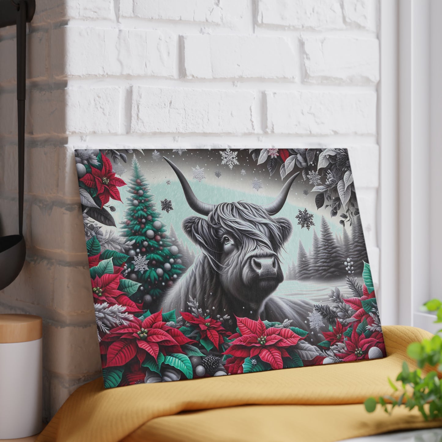 🐮❄️ “Winter Highland Cow” Glass Cutting Board – Rustic Christmas Charm for Your Kitchen