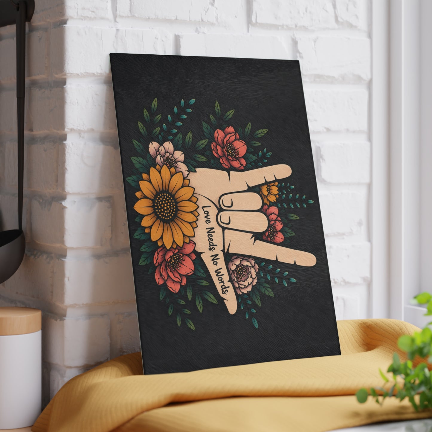 Love Needs No Words Glass Cutting Board – Floral ASL Hand Design