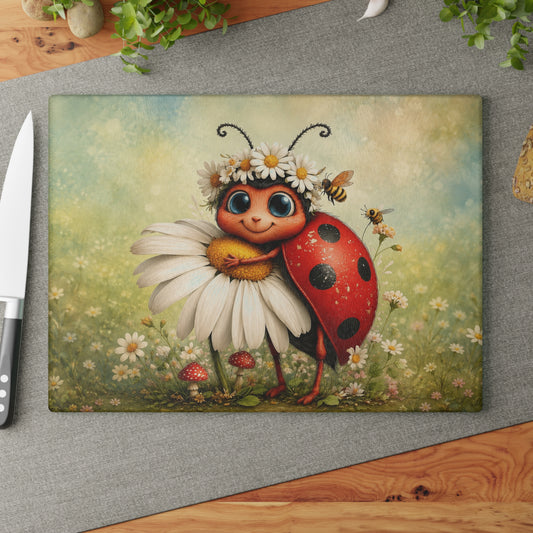 Ladybug Hugging Daisy Glass Cutting Board – Adorable Garden Artwork with Whimsical Spring Charm