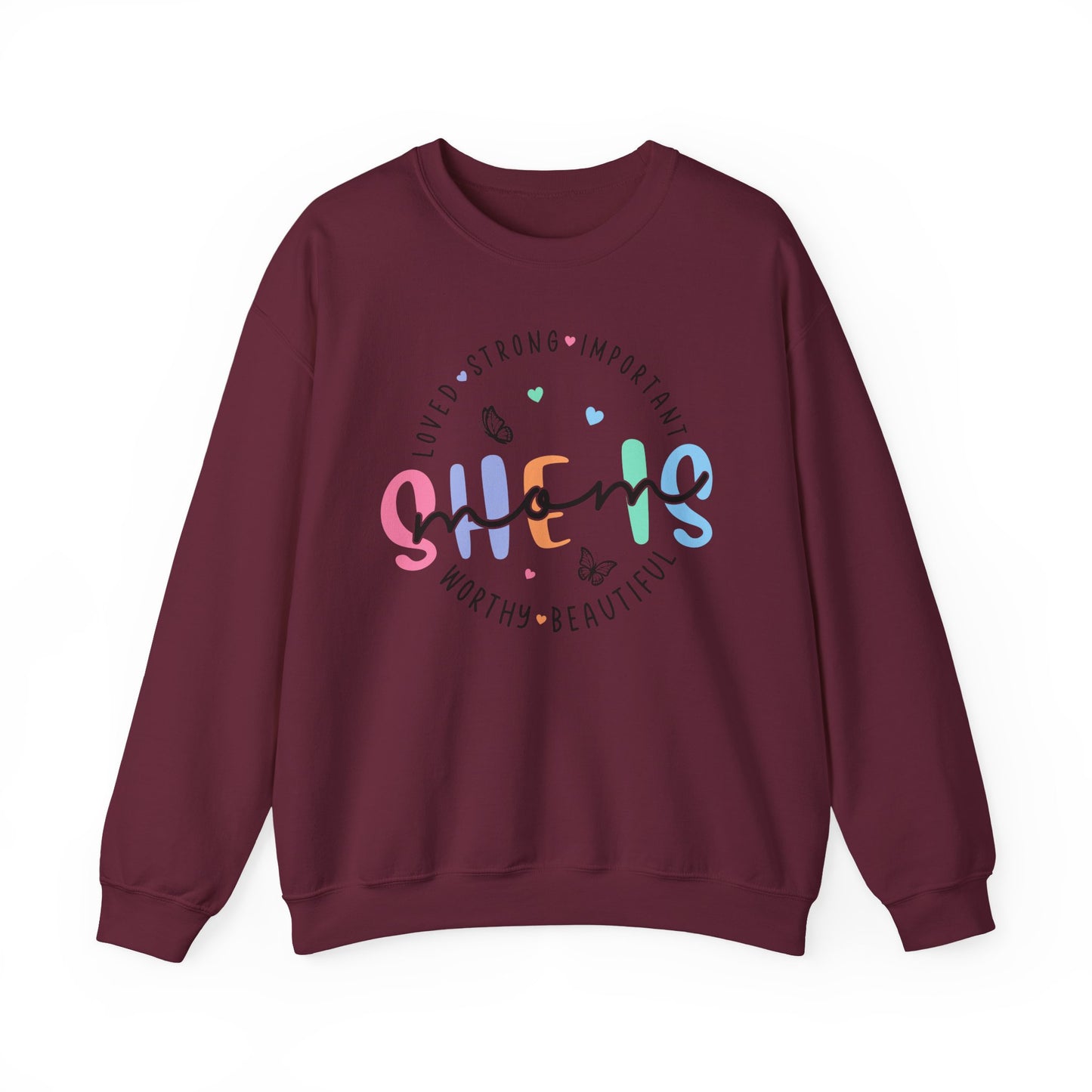 🌸✨ She Is Mom Sweatshirt – Strong, Loved, Beautiful & Worthy 🦋💖