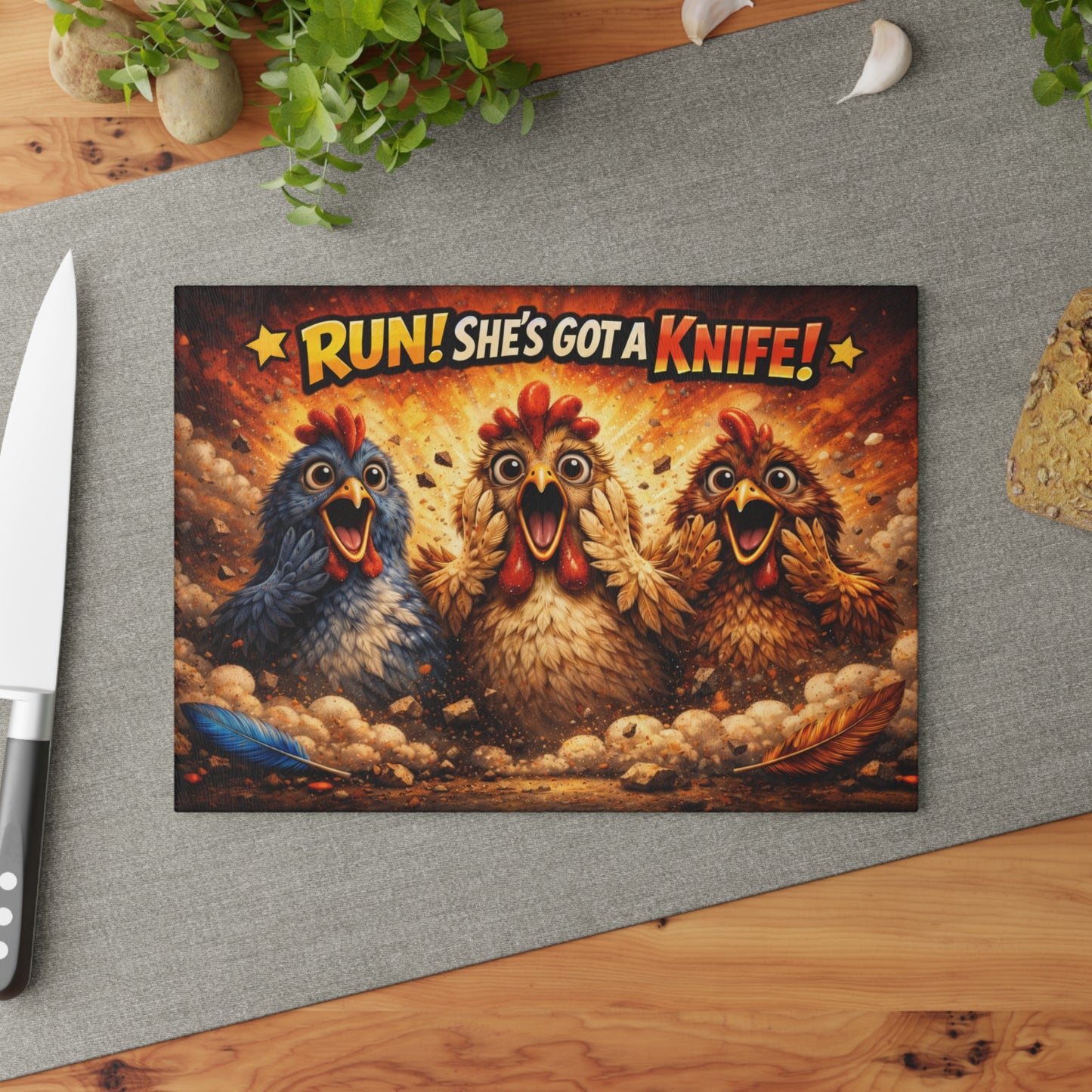 RUN! She’s Got a Knife Glass Cutting Board – Explosive Farmhouse Chicken