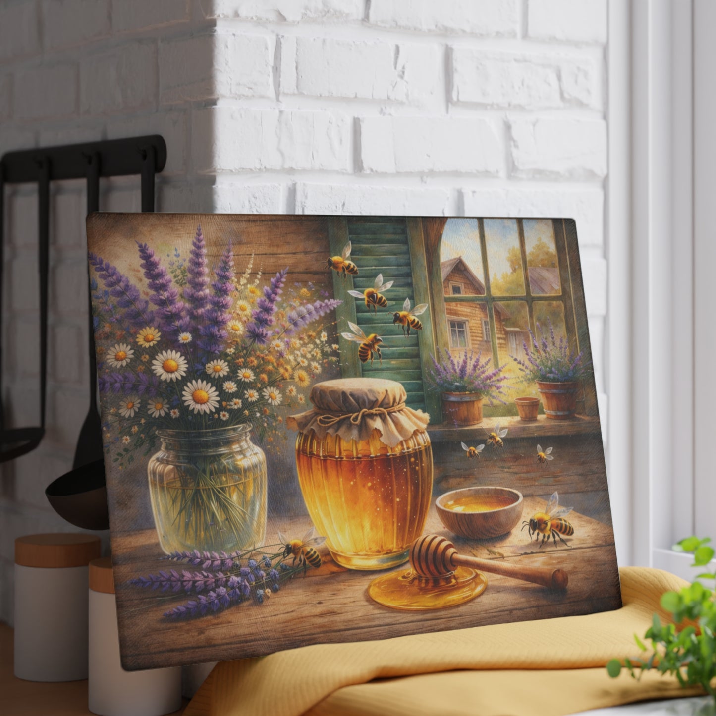 Golden Honey & Wildflowers Glass Cutting Board – Cozy Cottage Beekeeping Kitchen Art