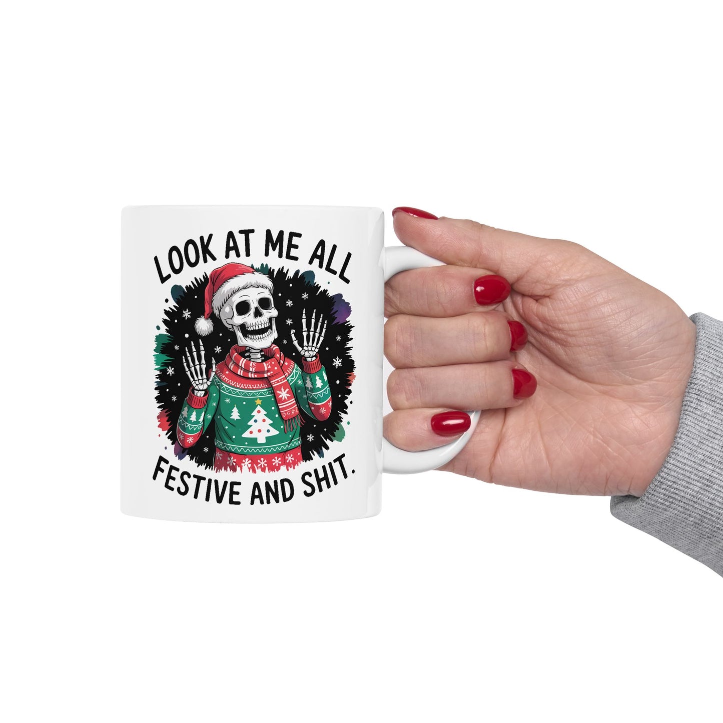 🎄 “Festive and Shit” Skeleton Christmas Mug – Dark Humor Meets Holiday Cheer 💀☕