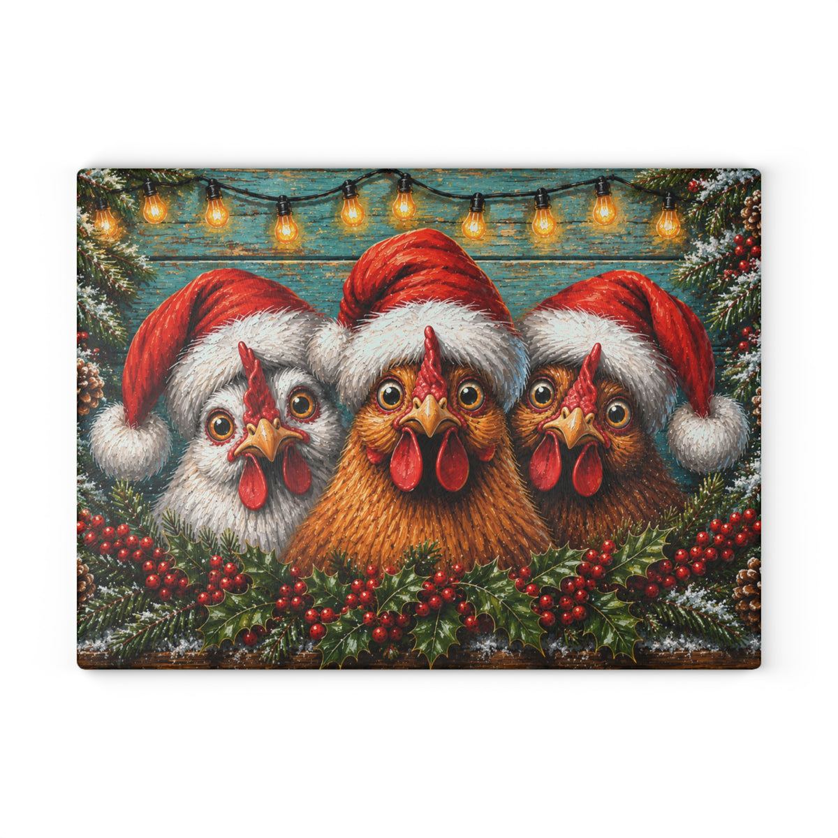 Christmas Chickens in Santa Hats Glass Cutting Board – Funny Holiday Farmhouse Kitchen Decor