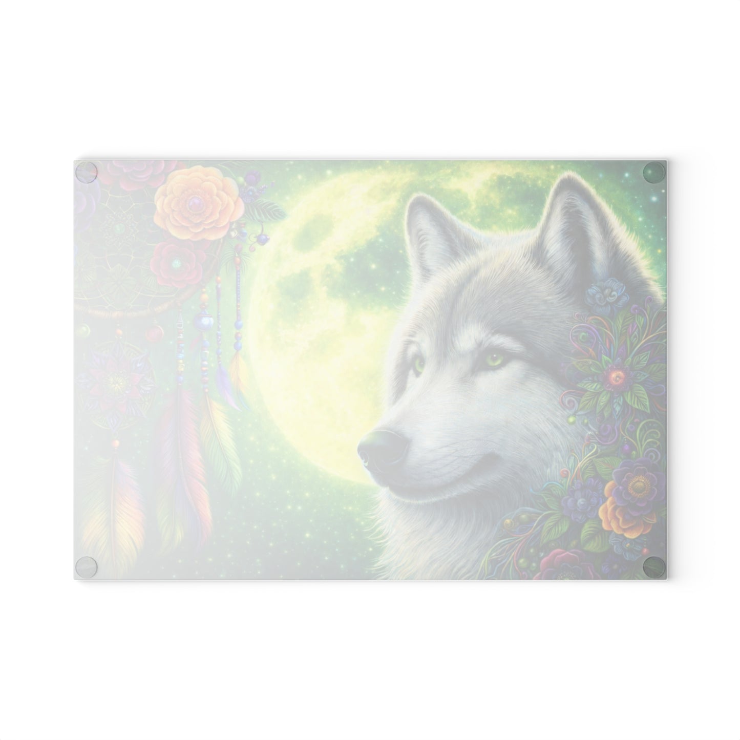 Moonlit Spirit Wolf Glass Cutting Board – Colorful Dreamcatcher Wildlife Kitchen Art