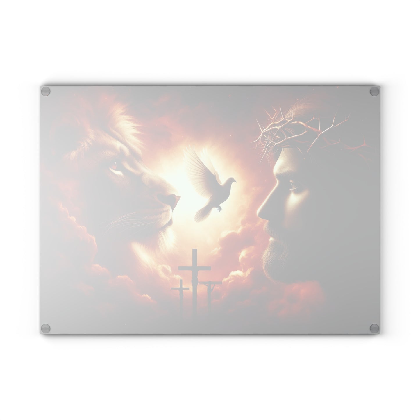 Sacred Light Glass Cutting Board – Faith-Inspired Lion, Dove & Cross Artwork Kitchen Display