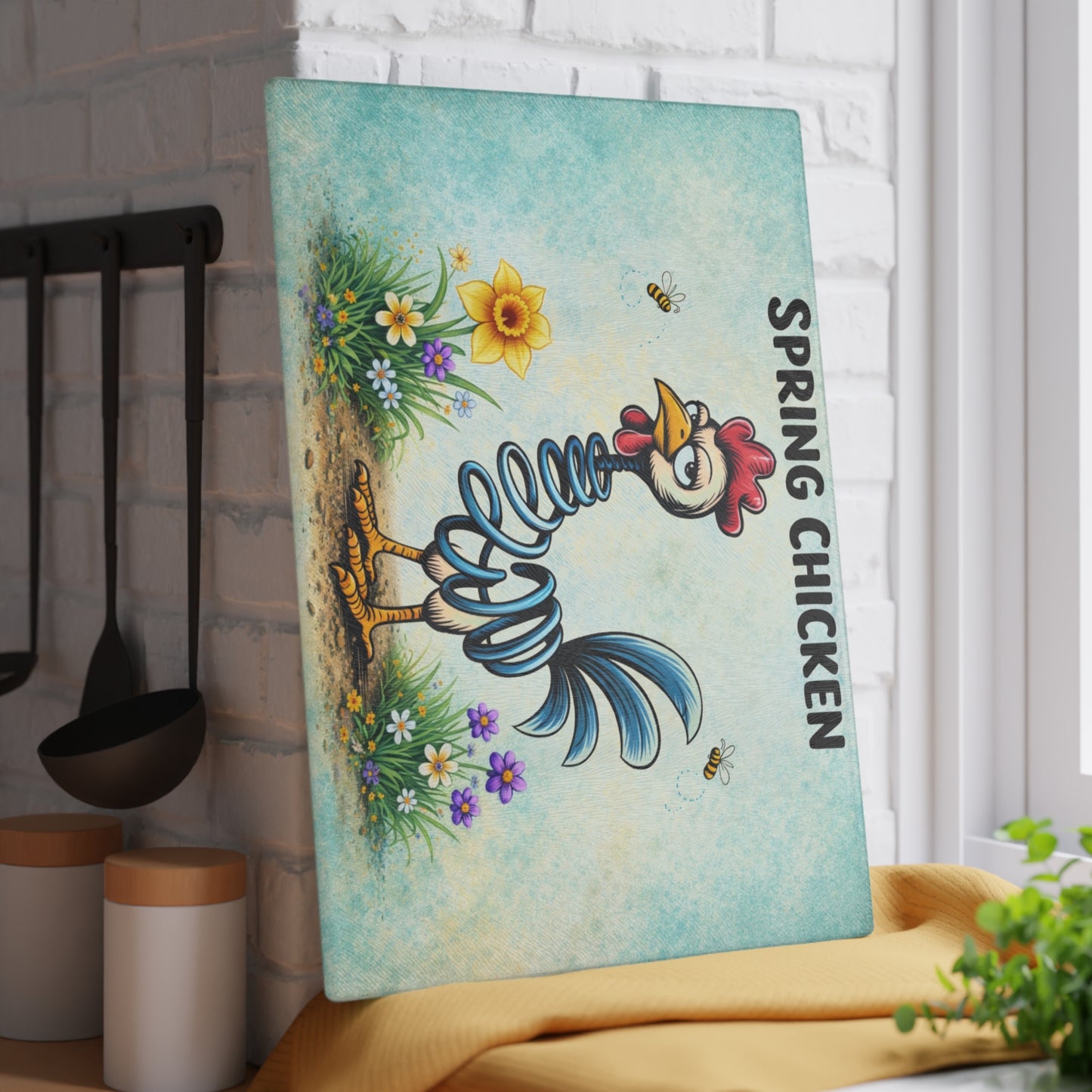 Spring Chicken Glass Cutting Board – Whimsical Chicken Artwork with Playful Spring Humor