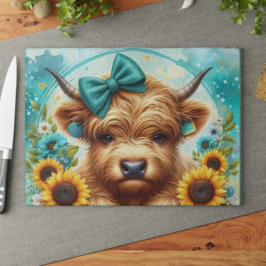 Tabla de cortar de vidrio con diseño de vaca de las Tierras Altas, lazo y girasoles