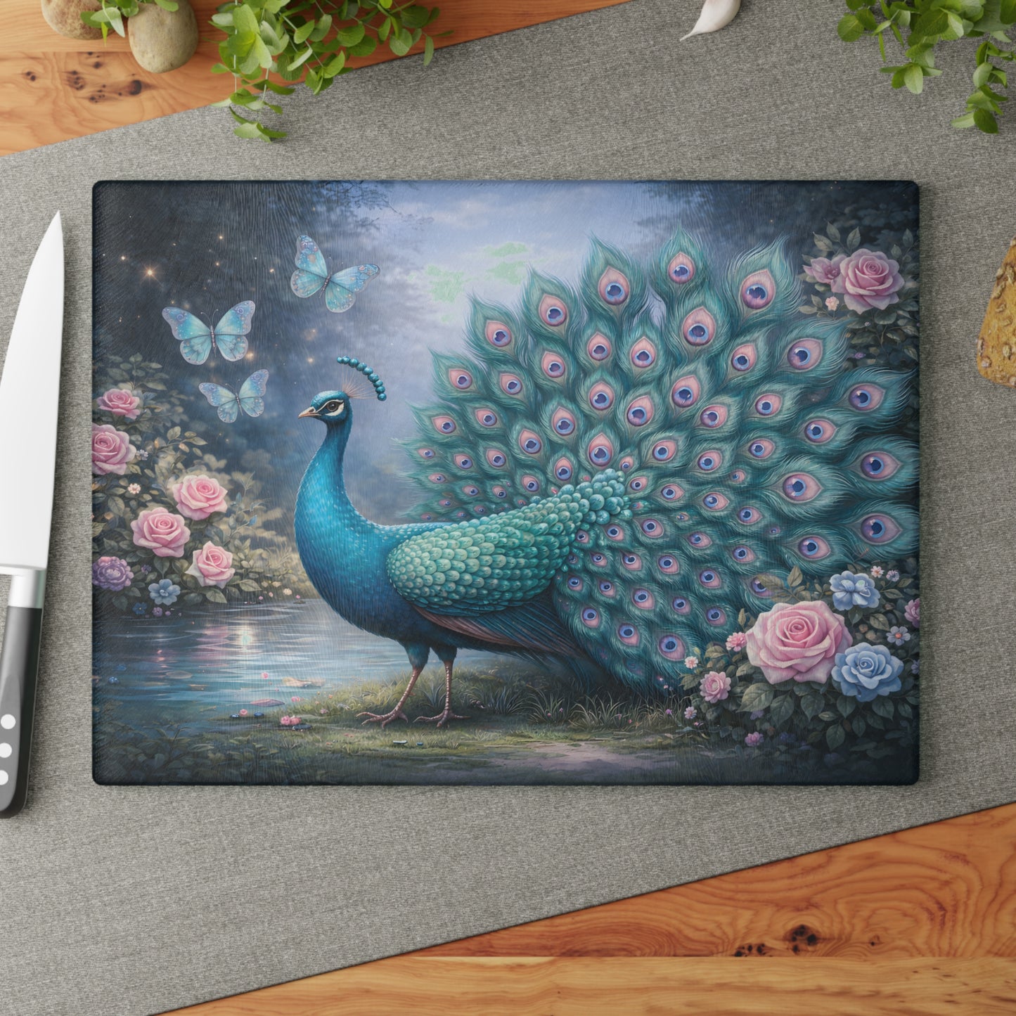 Teal Peacock Garden Glass Cutting Board – Elegant Floral Bird Art Kitchen Display