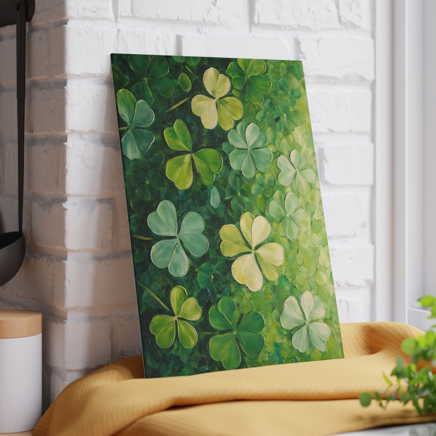 Shamrock Meadow Glass Cutting Board – Painterly Green Clover Kitchen Accent