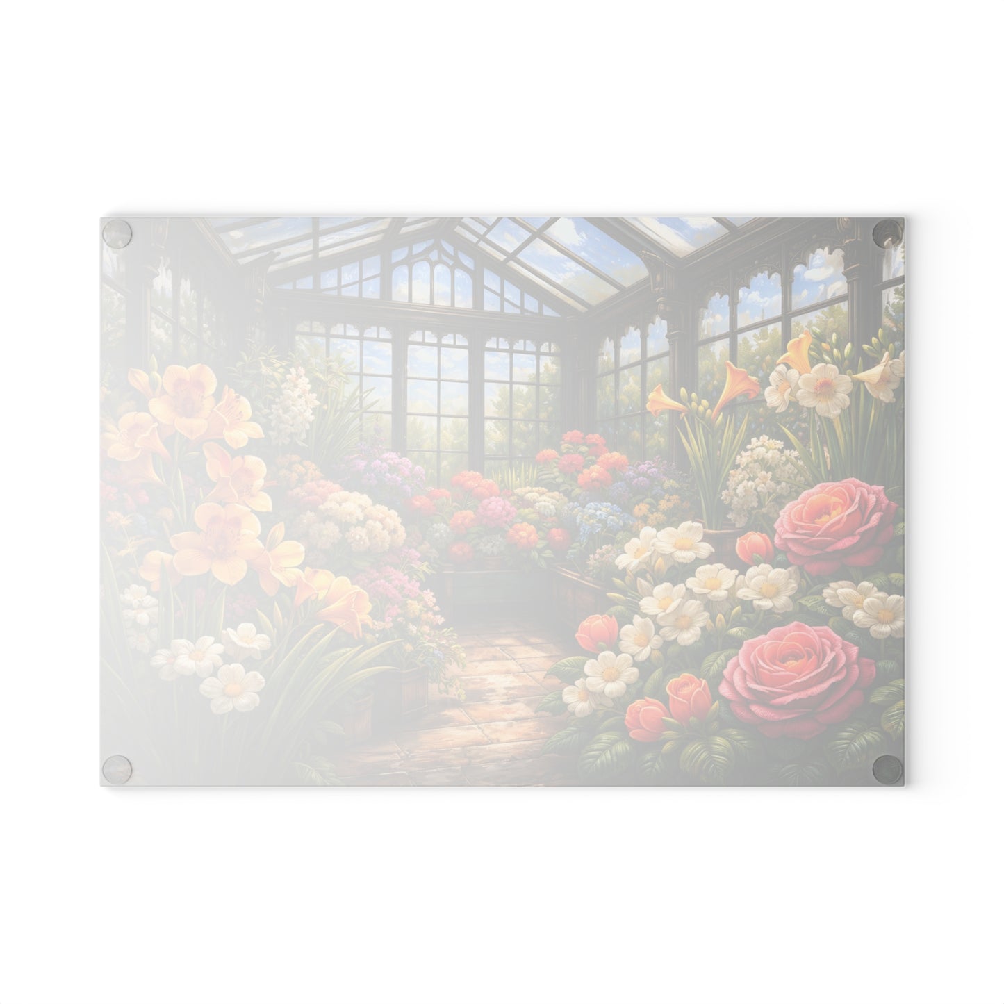Sunlit Garden Conservatory Glass Cutting Board – Floral Greenhouse Kitchen Décor