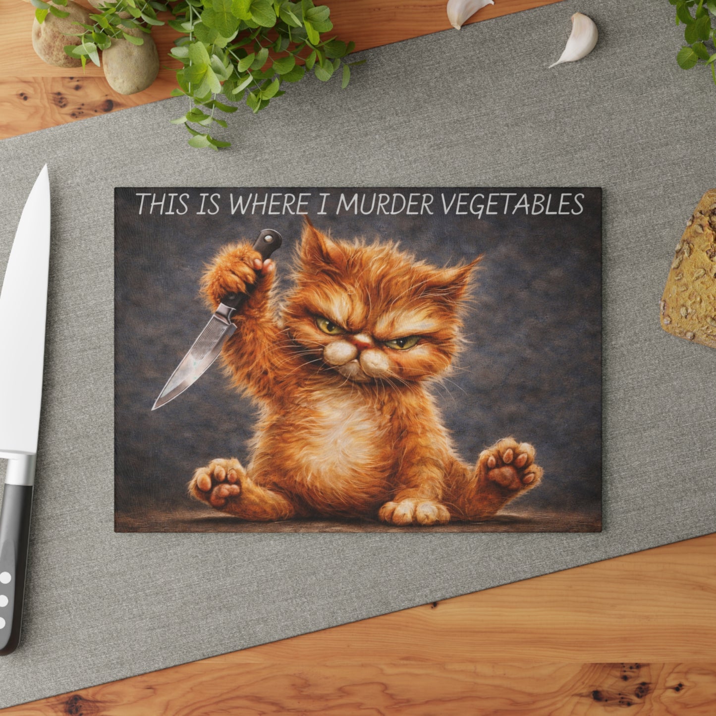 This Is Where I Murder Vegetables Glass Cutting Board – Funny Grumpy Cat Kitchen Art