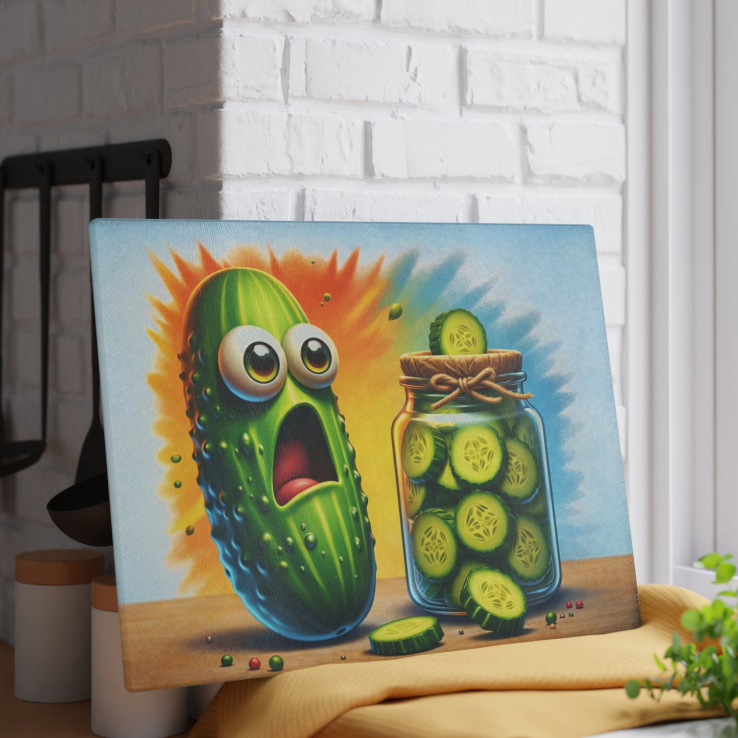 Pickled Shock Glass Cutting Board – Funny Pickle Kitchen Art with Surprised Expression