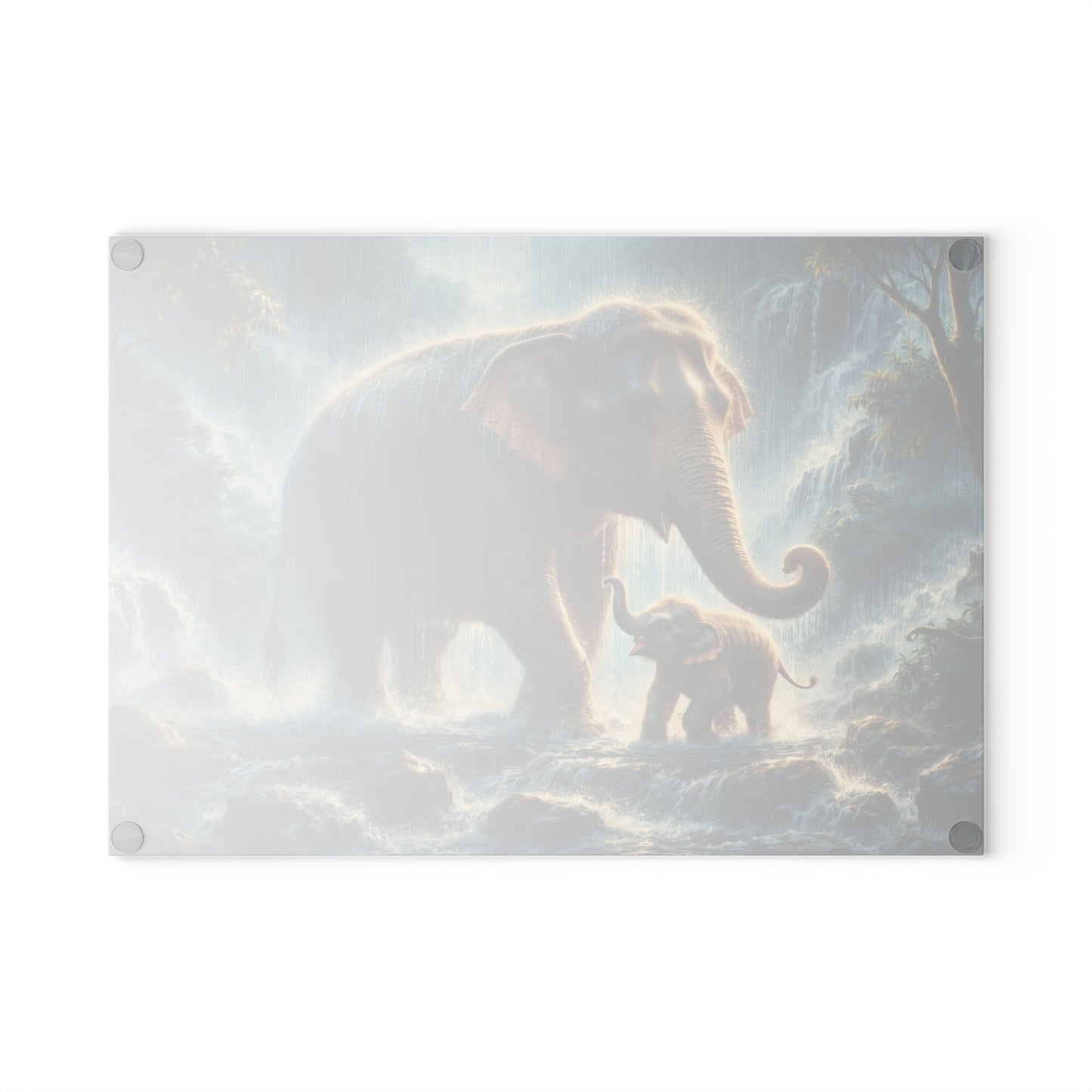 Elephant and Calf Rainforest Waterfall Glass Cutting Board – Dramatic Wildlife Kitchen Art