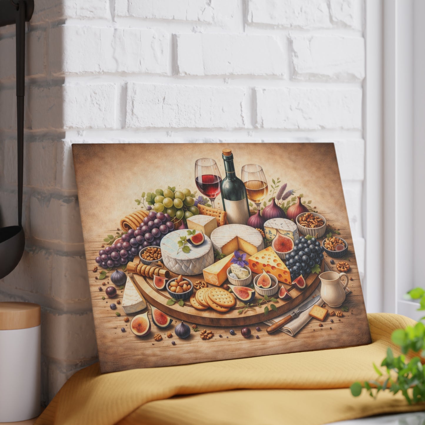 Artisan Cheese & Wine Still Life Glass Cutting Board – Elegant Entertaining Kitchen Décor