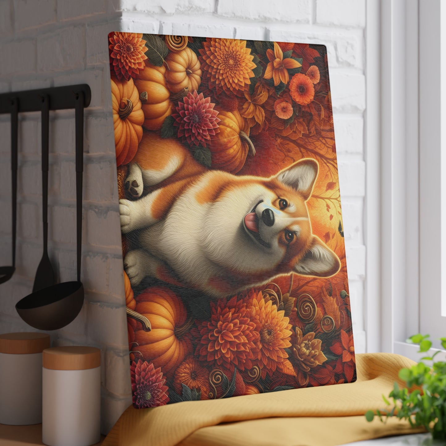 🍂🐾 Autumn Corgi Cutting Board – Cozy Fall Vibes for Your Kitchen 🎃