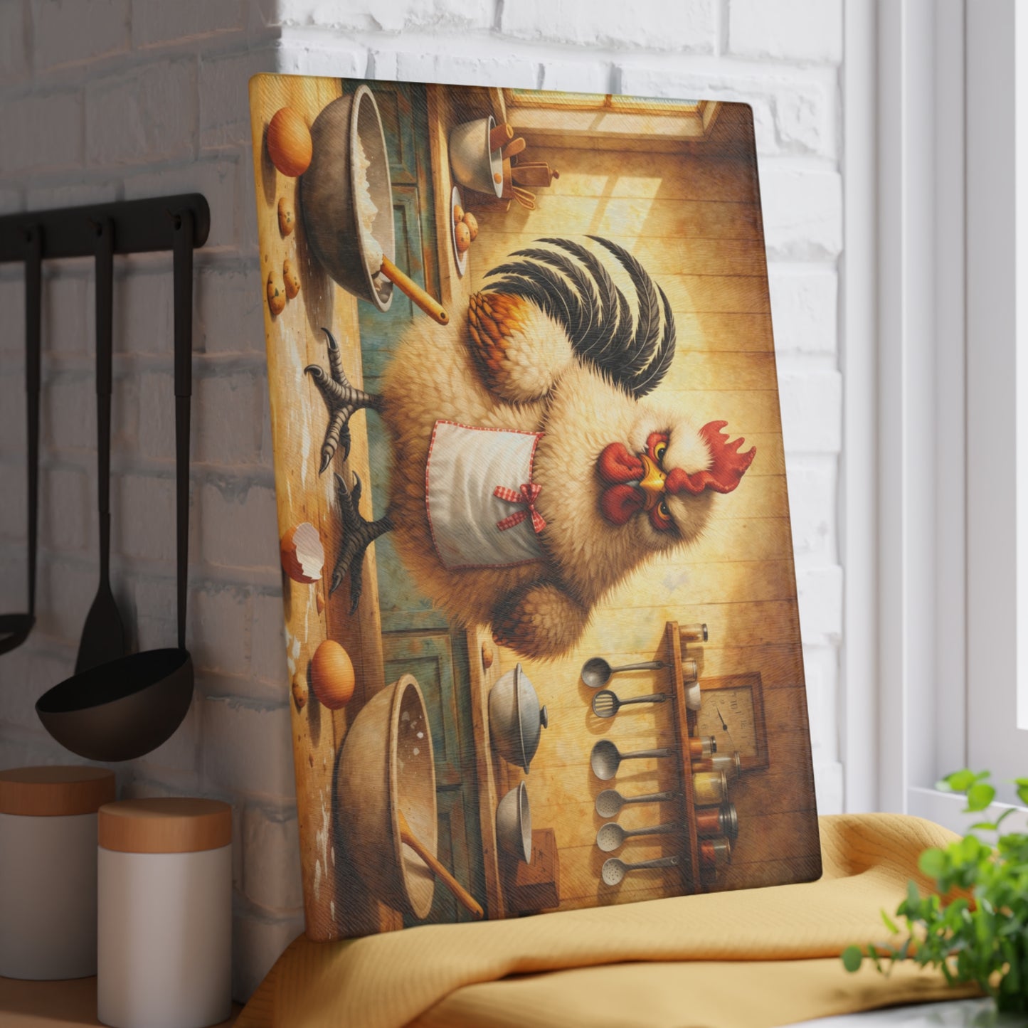 Feisty Farmhouse Chicken Glass Cutting Board – Rustic Kitchen Art with Attitude