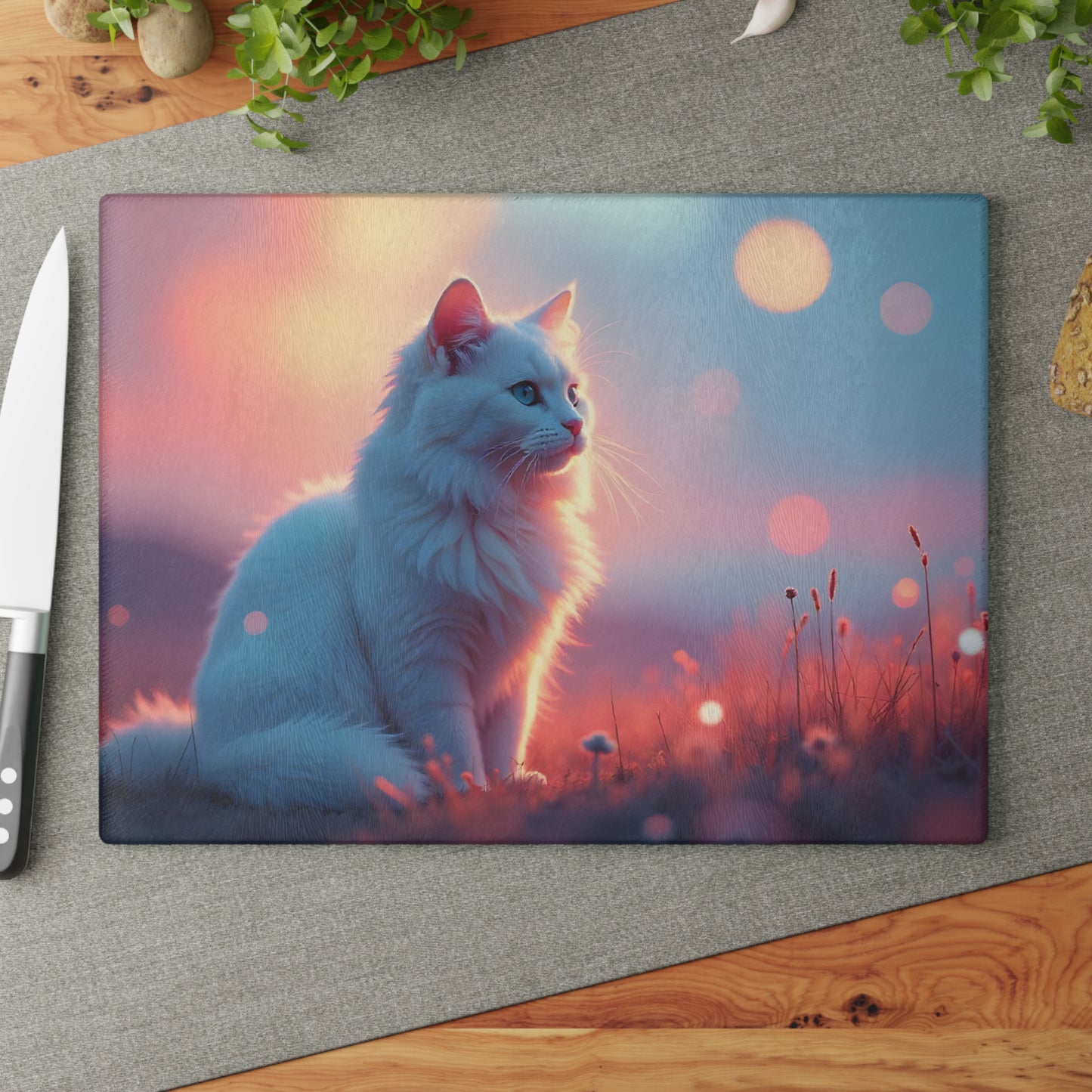 🐱🌅 White Cat Sunset Glow Cutting Board – Serene Elegance for Your Kitchen ✨
