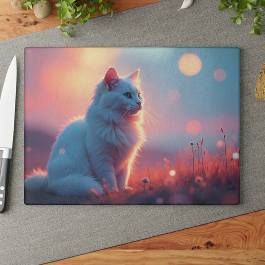 🐱🌅 White Cat Sunset Glow Cutting Board – Serene Elegance for Your Kitchen ✨