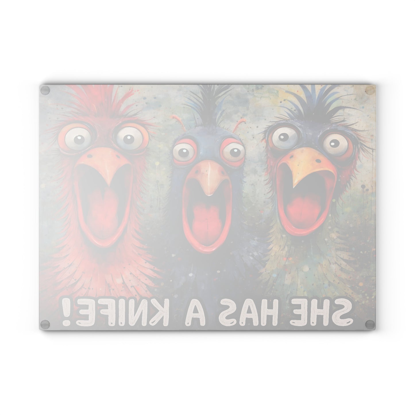 She Has a Knife Glass Cutting Board – Funny Chicken Kitchen Art with Bold Farm Humor