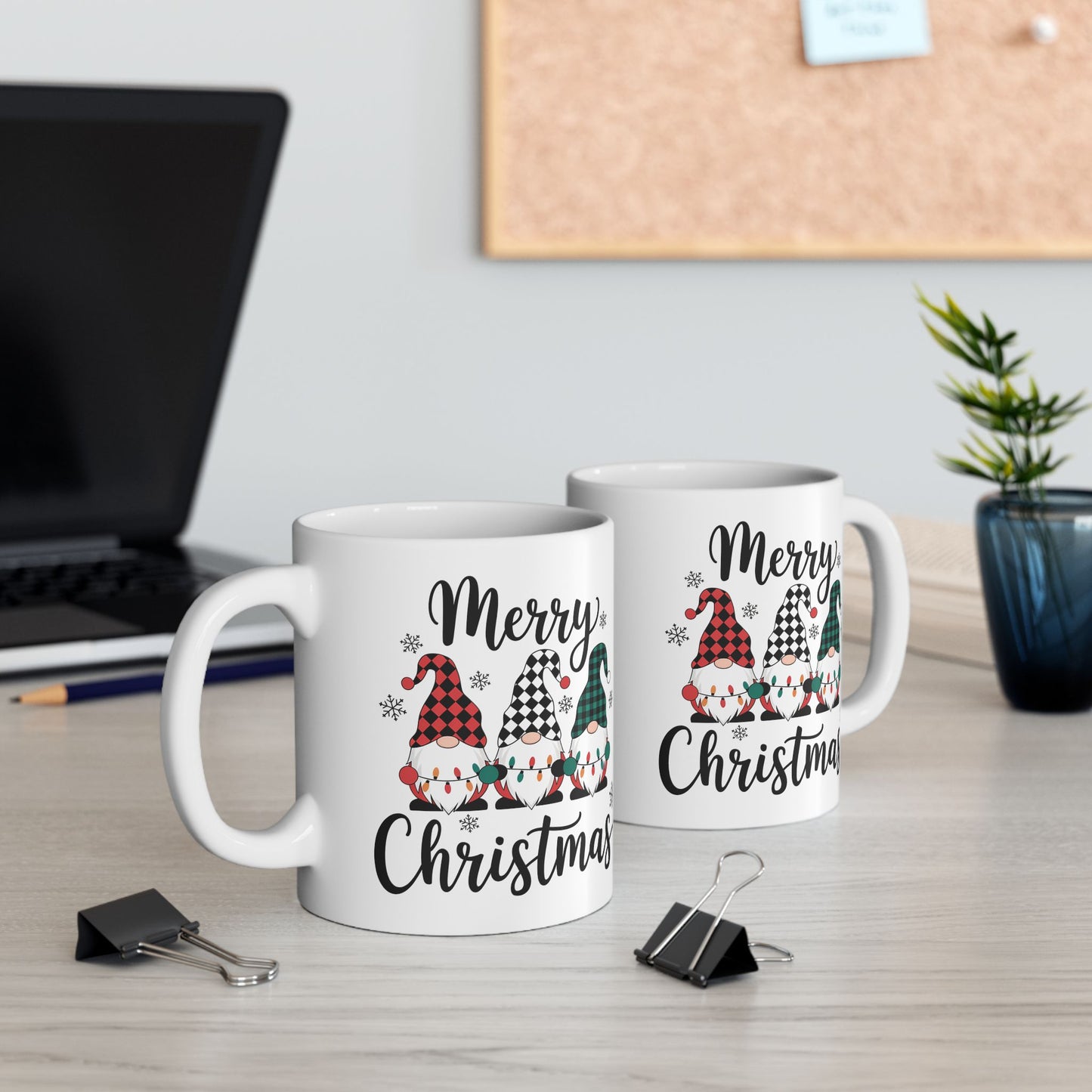 🎅🎄 Merry Christmas Gnomes – Festive Plaid Holiday Cup ✨☕