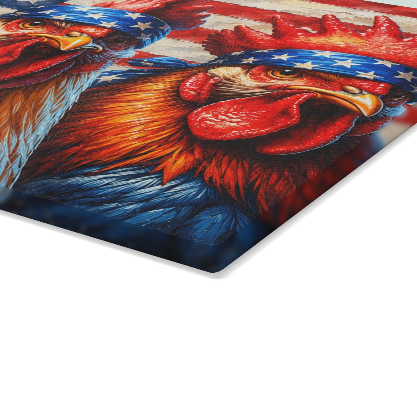 Patriotic Rooster Bandana Glass Cutting Board – Bold Farmhouse Americana Kitchen Décor