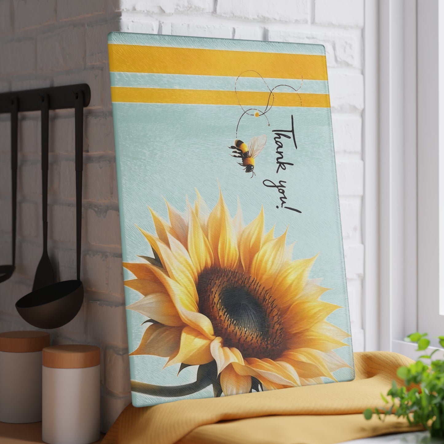 ¡Gracias! Tabla de cortar de vidrio con diseño de girasol y abeja: decoración floral brillante para la cocina