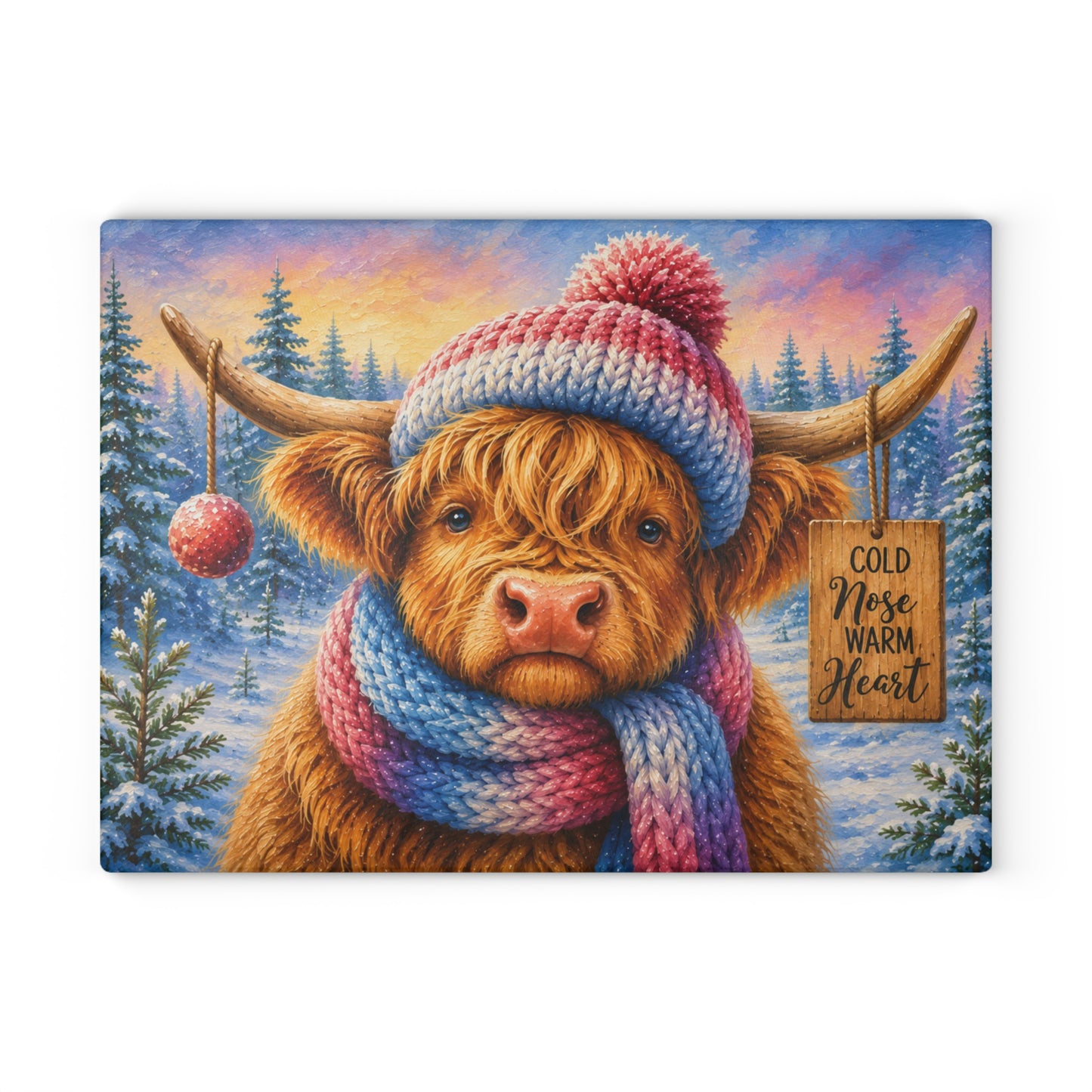 Cold Nose Warm Heart Highland Cow Glass Cutting Board – Cozy Winter Cow Kitchen Decor