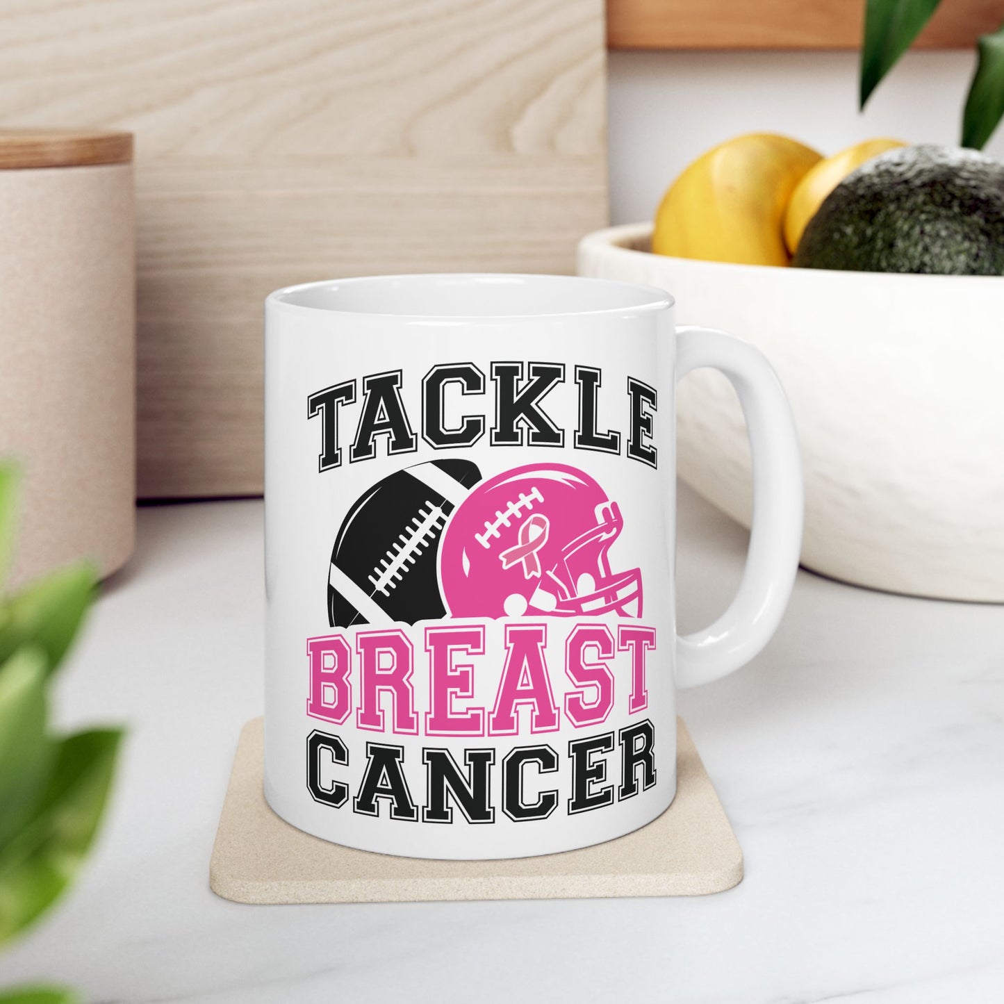 🏈🎀 Tackle Breast Cancer Mug – Football Strength Meets Awareness 💗
