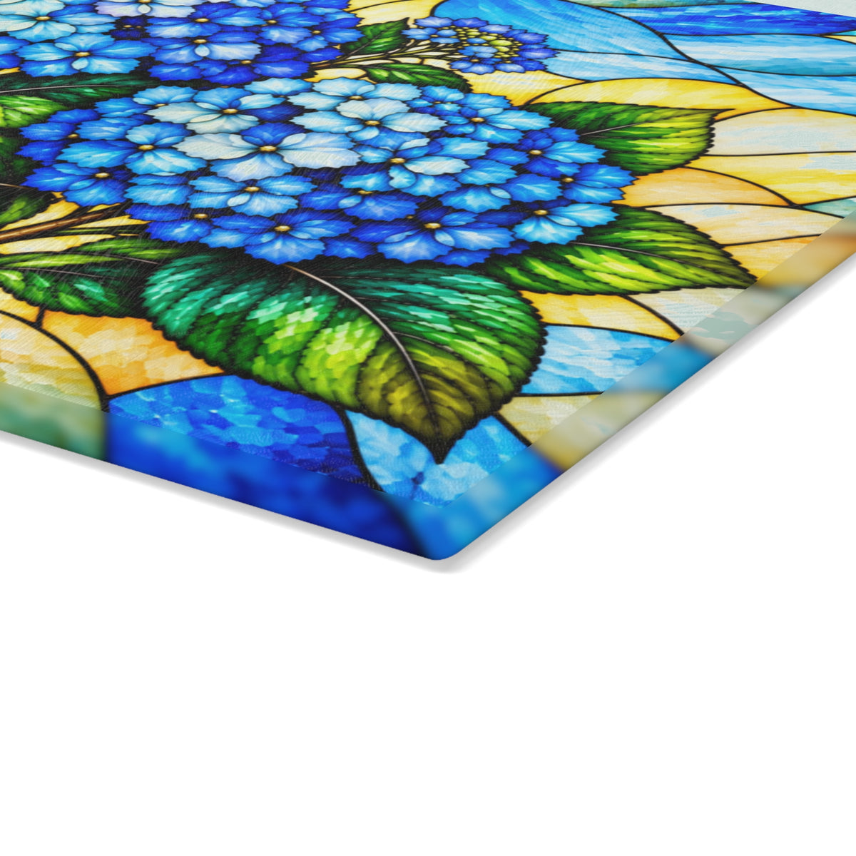 Stained-Glass-Inspired Blue Hydrangea Cutting Board – Vibrant Blue Floral Bouquet, Golden Mosaic Background & Botanical Kitchen Décor