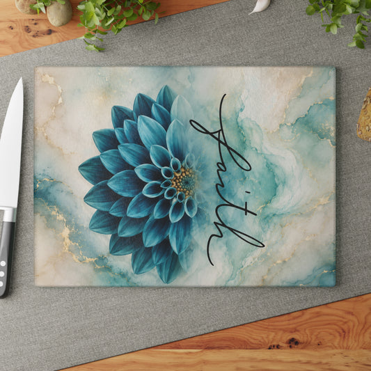 Faith Blue Floral Glass Cutting Board – Elegant Christian Kitchen Decor with Inspirational Scripture Artwork