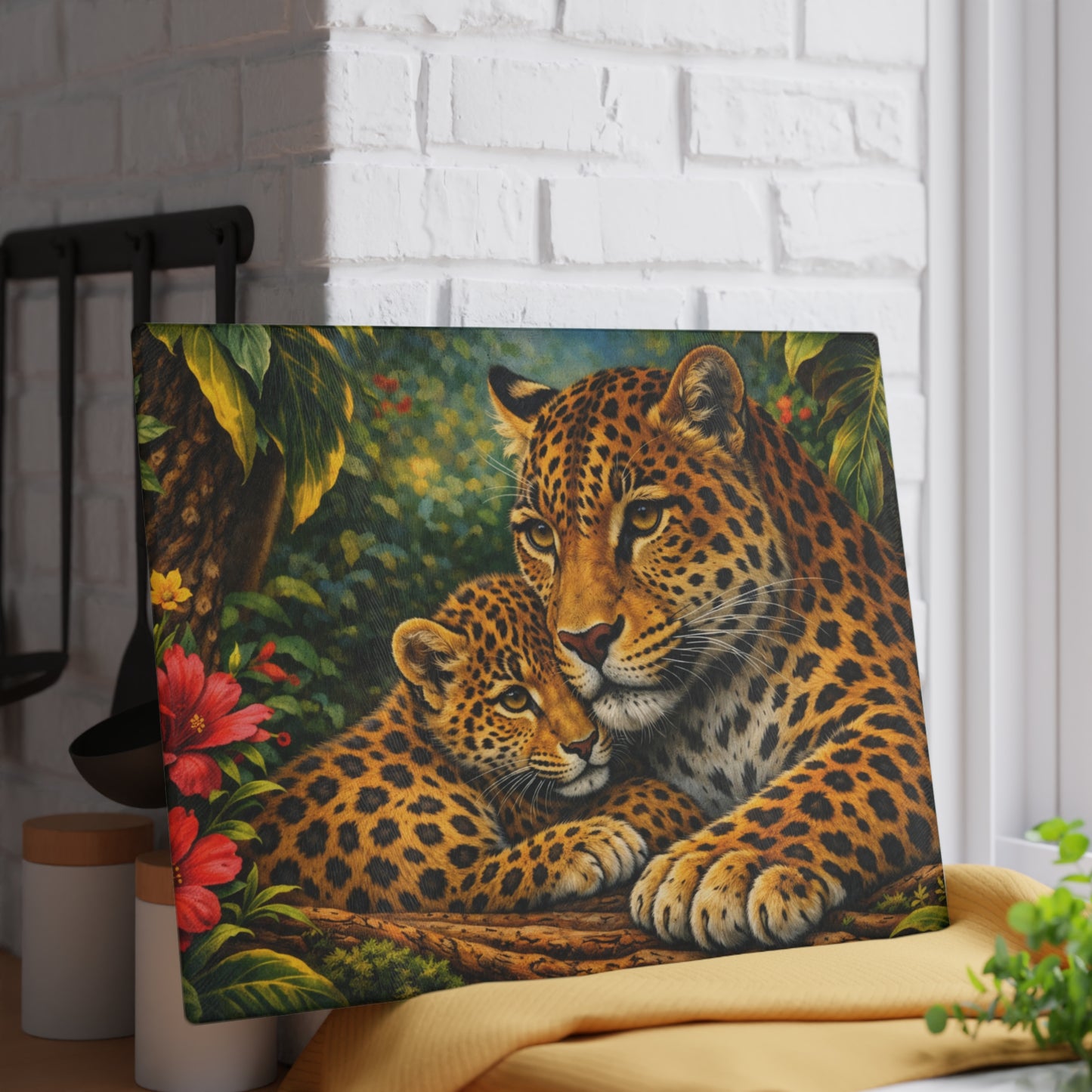 Leopard Mother and Cub Glass Cutting Board – Jungle Wildlife Family Artwork
