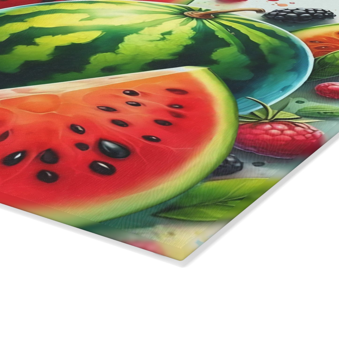 Tabla de cortar de vidrio con sandía jugosa: un dulce ambiente de cocina de verano