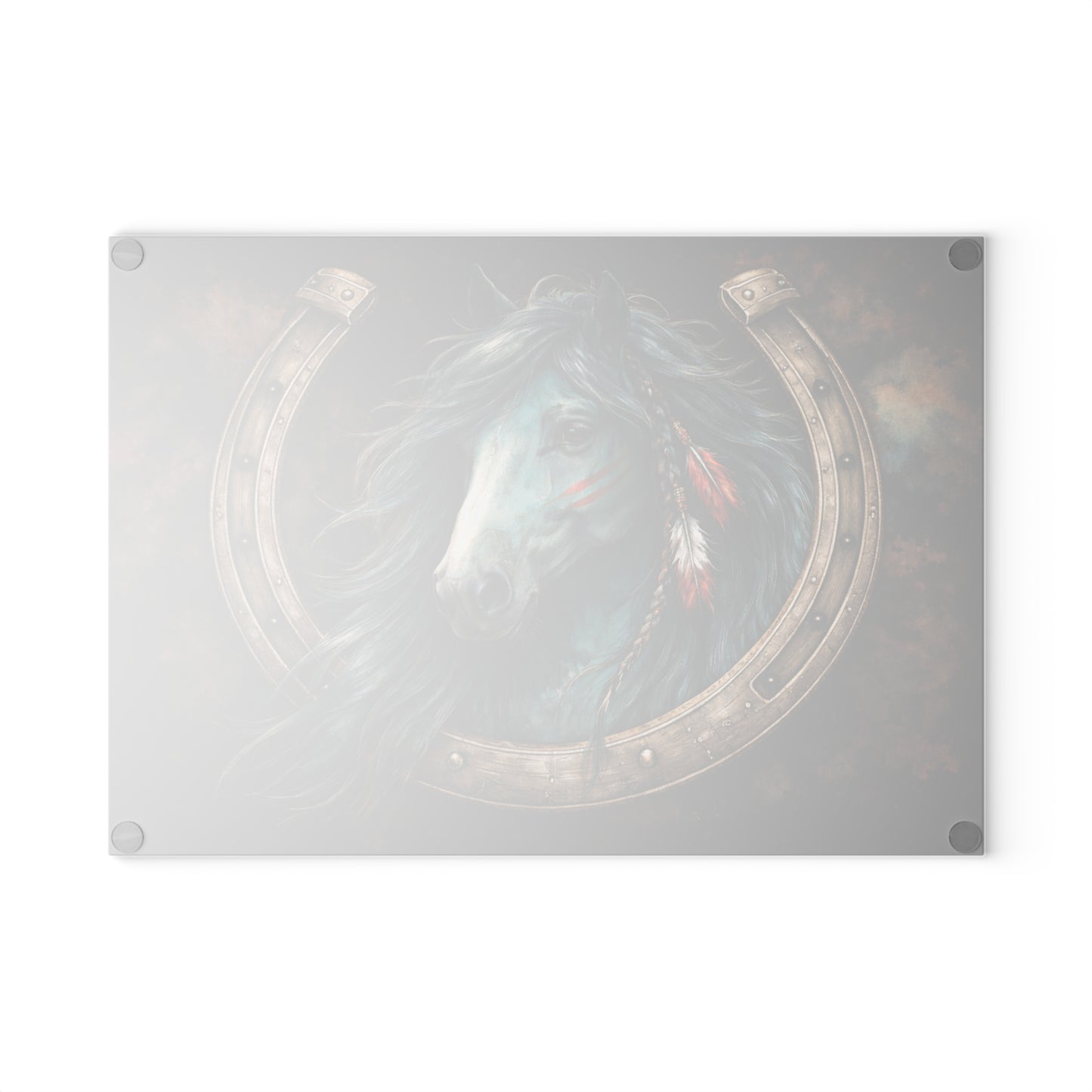 Spirit Horse Horseshoe Glass Cutting Board – Western Equine Art with Rustic Strength