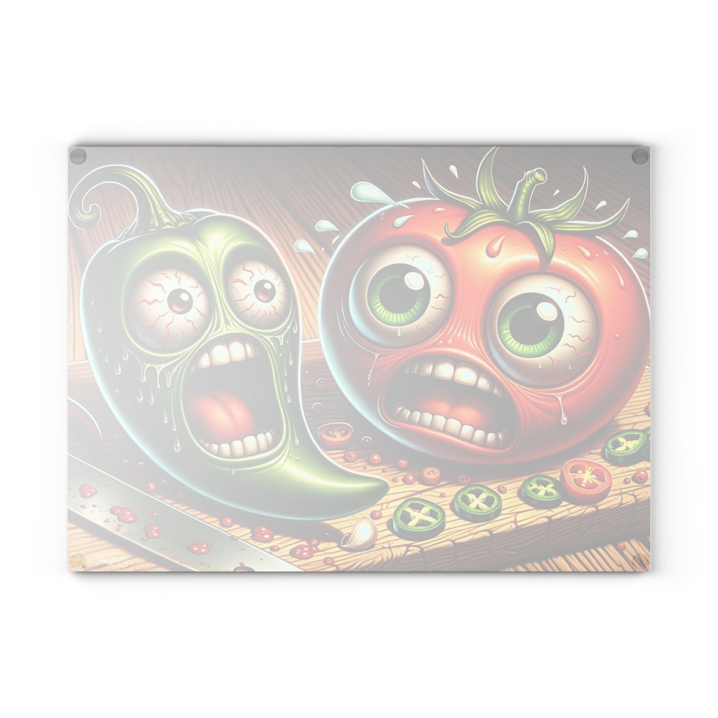 🌶️🍅 “Spicy Sidekick: Tomato & Pepper Panic” Glass Cutting Board – Laugh-Out-Loud Kitchen Vibes