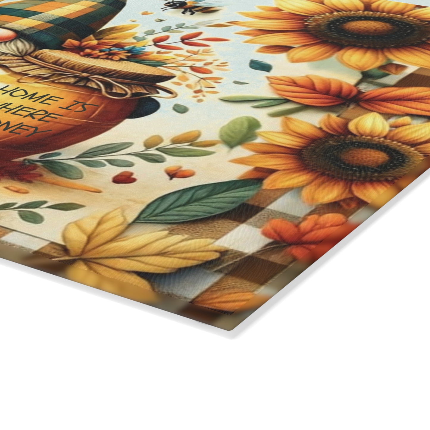 🐝🌻 “Home Is Where My Honey Is” Gnome Glass Cutting Board – Sunny Cheer for Your Kitchen