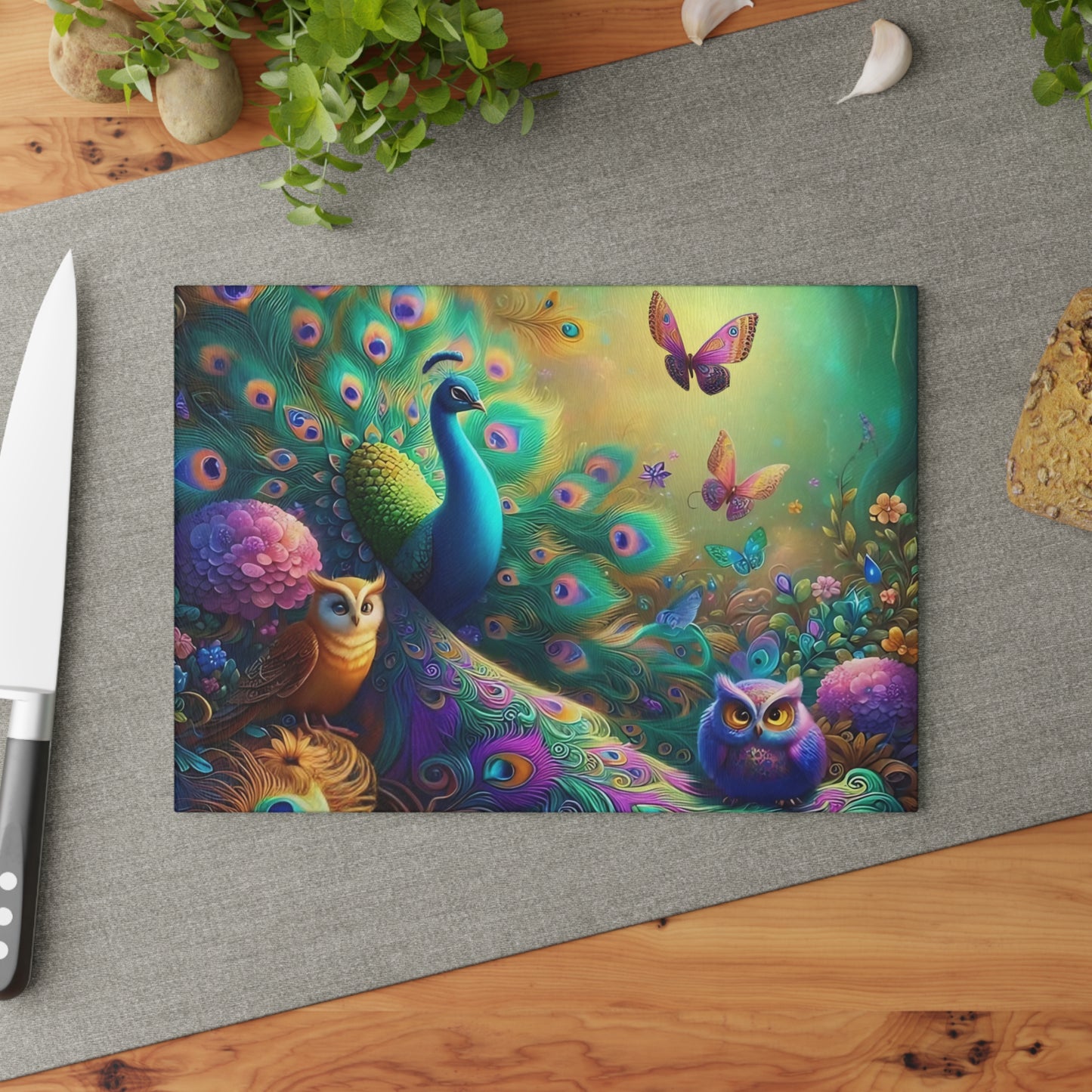 🦚 Whimsical Peacock Forest Cutting Board – Magical Birds & Blooming Feathers