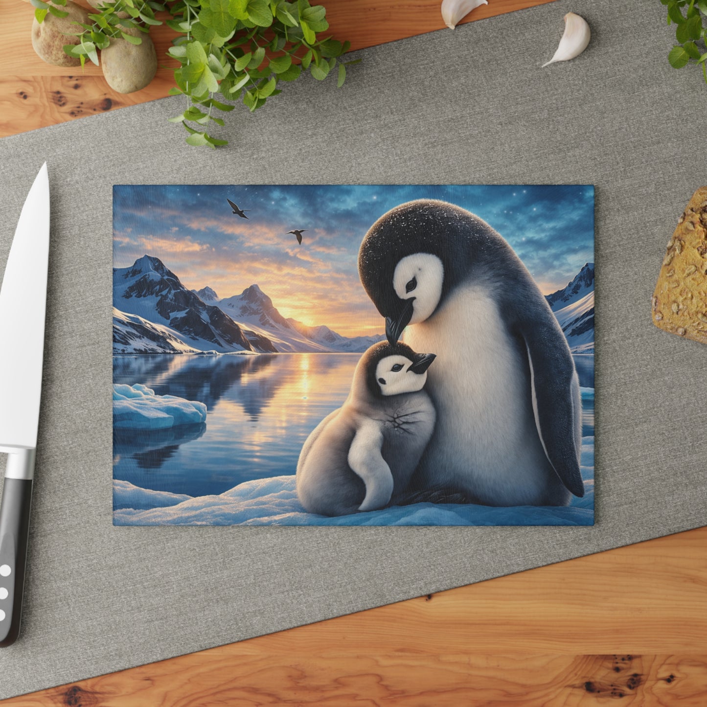 Arctic Penguin Love Glass Cutting Board – Peaceful Polar Wildlife Kitchen Art