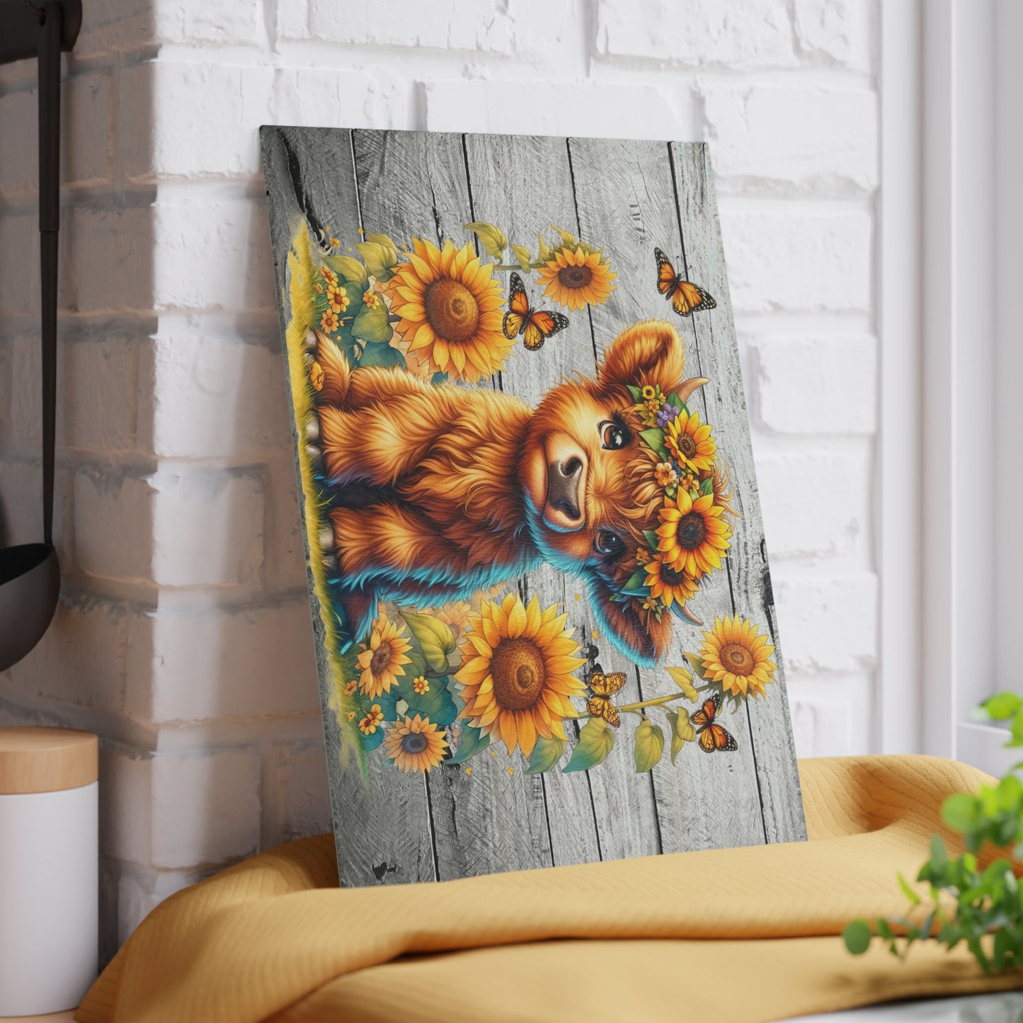 Highland Cow with Sunflowers & Butterflies – Rustic Floral Glass Cutting Board