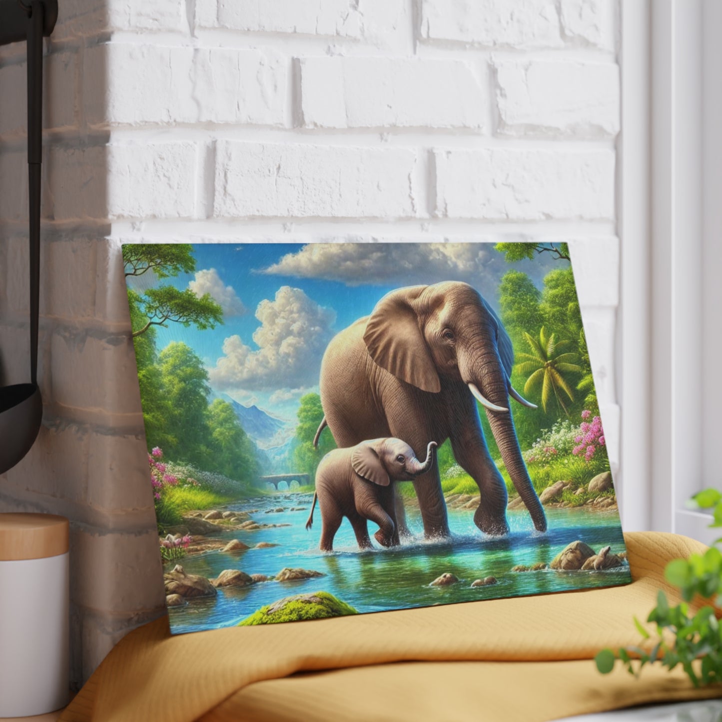 Mother elephant and her baby tempered glass cutting board - walking down a peaceful water creek