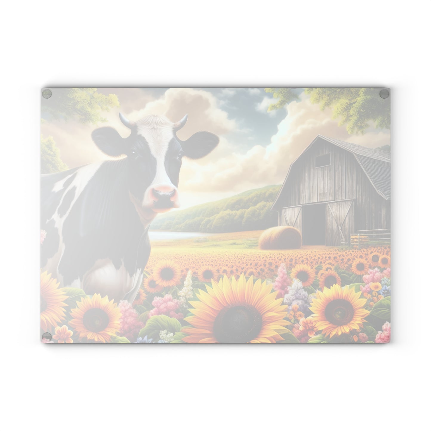 🐄🌻 Black & White Cow in Sunflower Field Glass Cutting Board – Peaceful Barn, Lake & Nature Scene 🌳