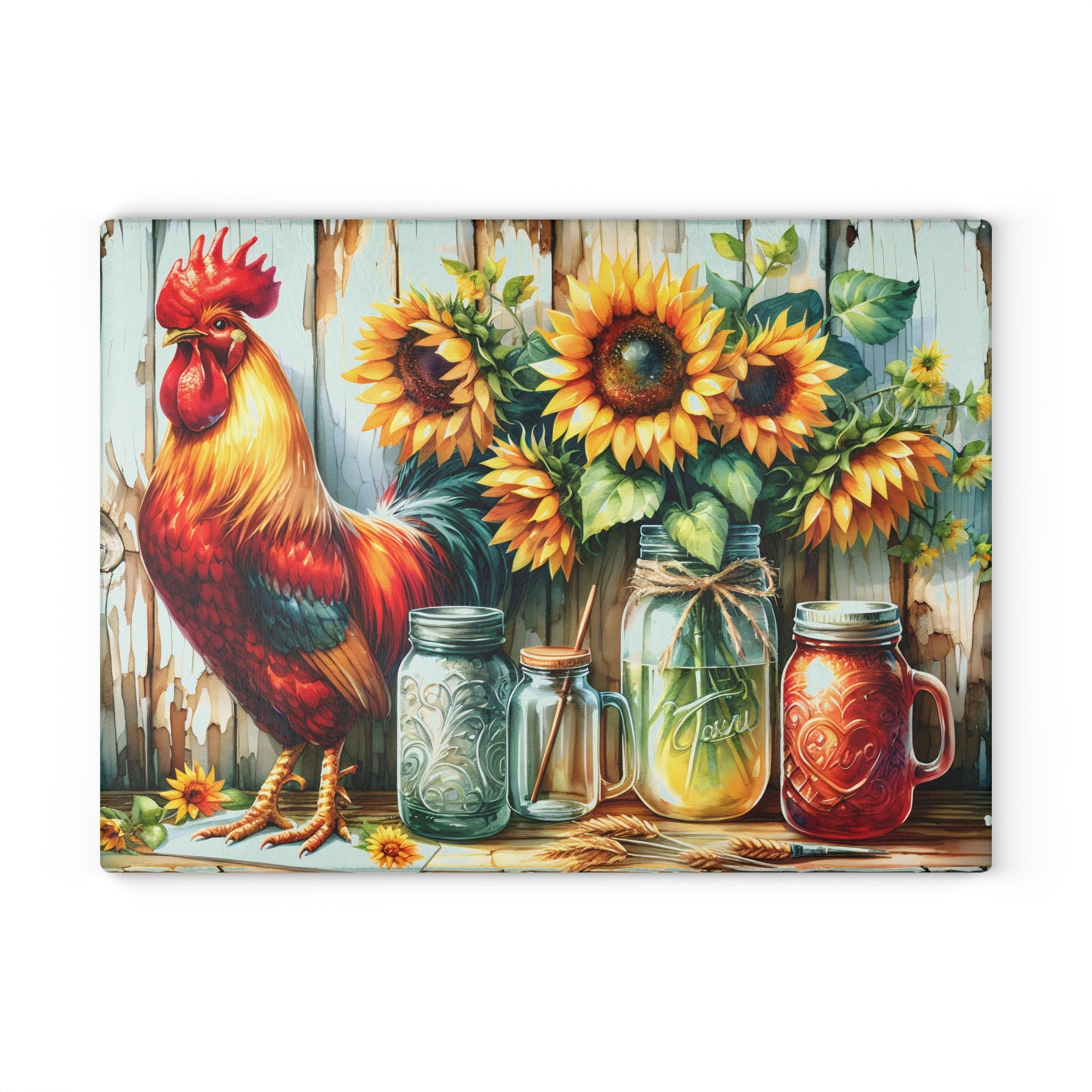 🐓 Rustic Rooster & Sunflowers Cutting Board – Farmhouse Mason Jar Kitchen Art