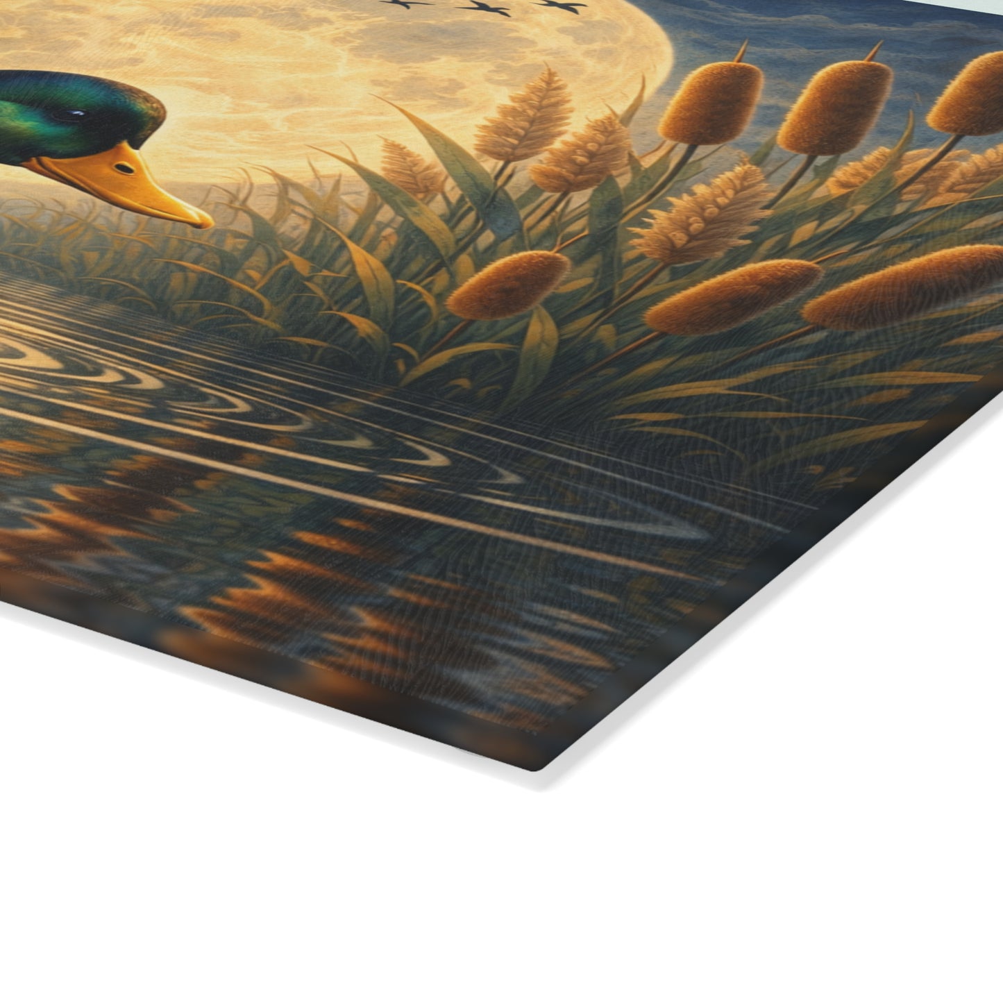 Moonlit Mallard Duck Glass Cutting Board – Peaceful Marsh Wildlife Artwork