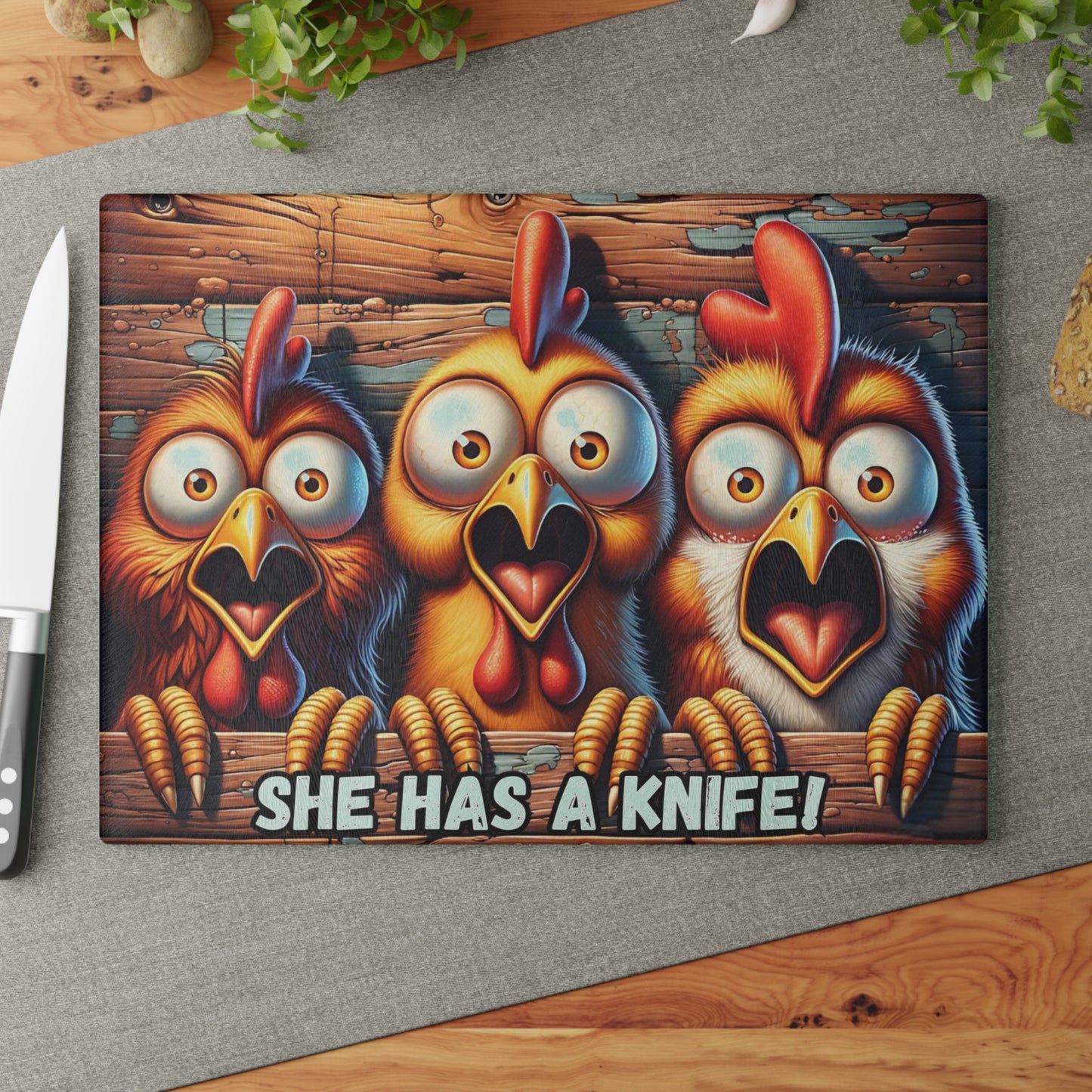🐔🔪 “She Has a Knife!” Glass Cutting Board – Farmhouse Fun with a Spooky Twist