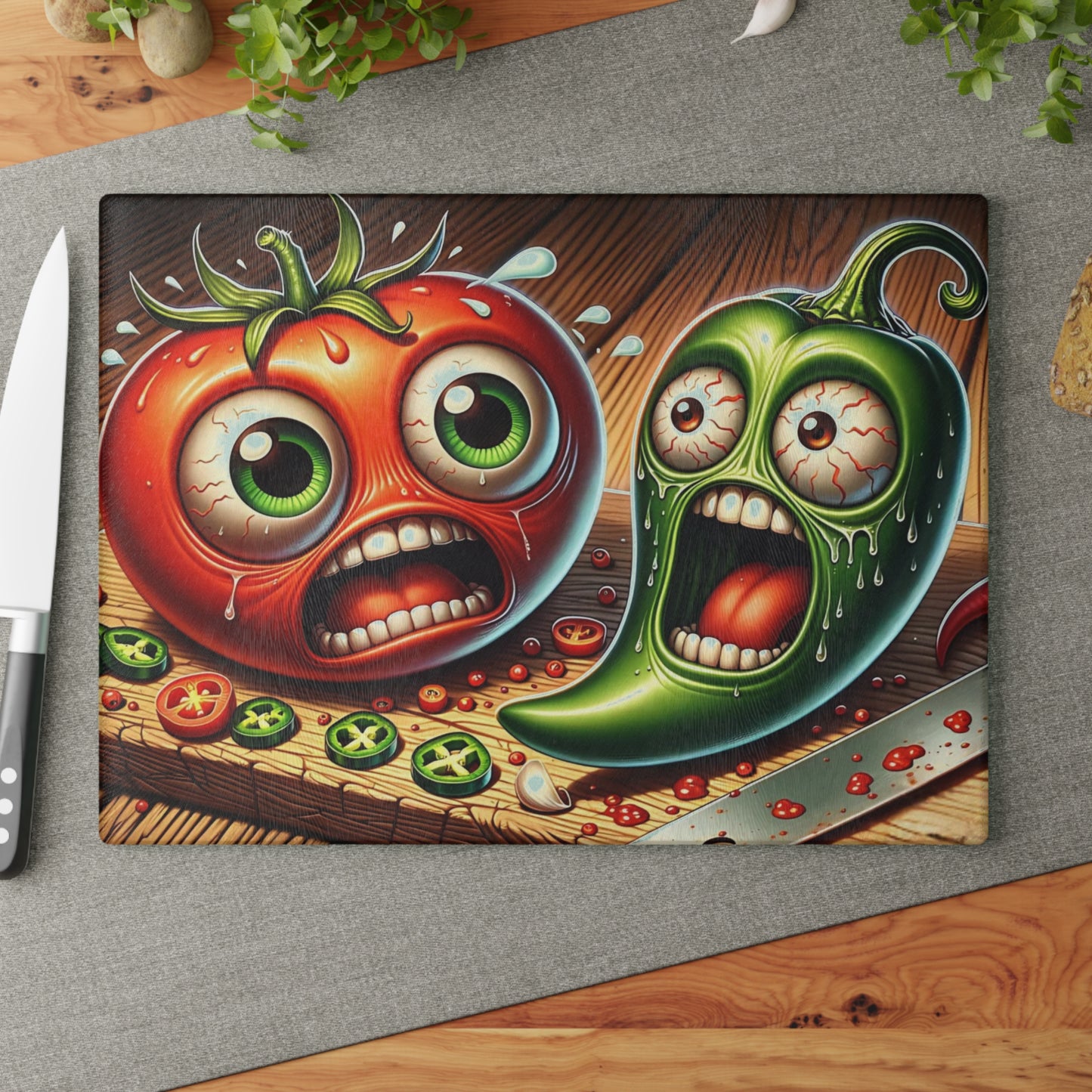 🌶️🍅 “Spicy Sidekick: Tomato & Pepper Panic” Glass Cutting Board – Laugh-Out-Loud Kitchen Vibes